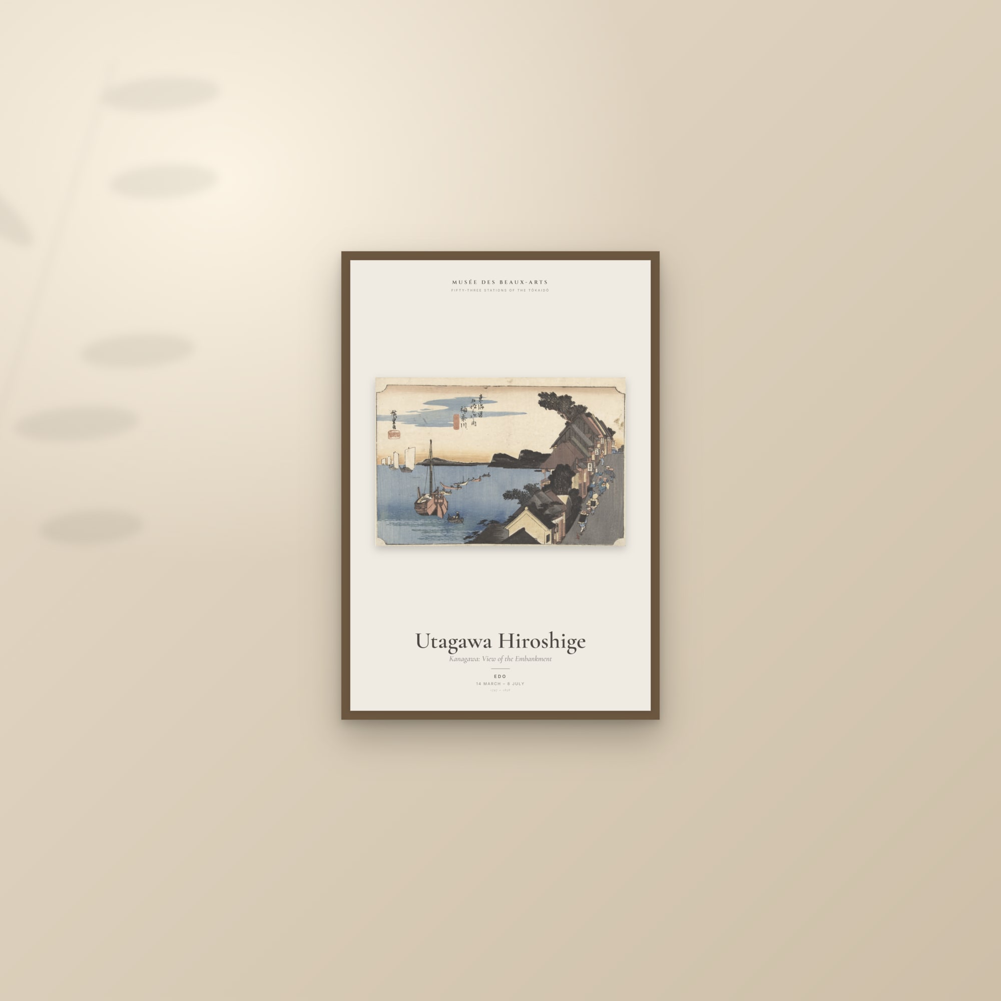 Kanagawa: View of the Embankment — Exhibition Poster — framed and styled on a sunlit wall