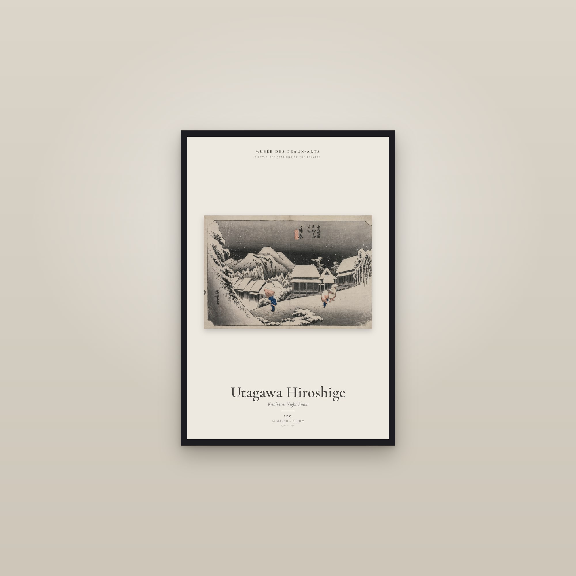 Kanbara: Night Snow — Exhibition Poster — framed in a gallery setting