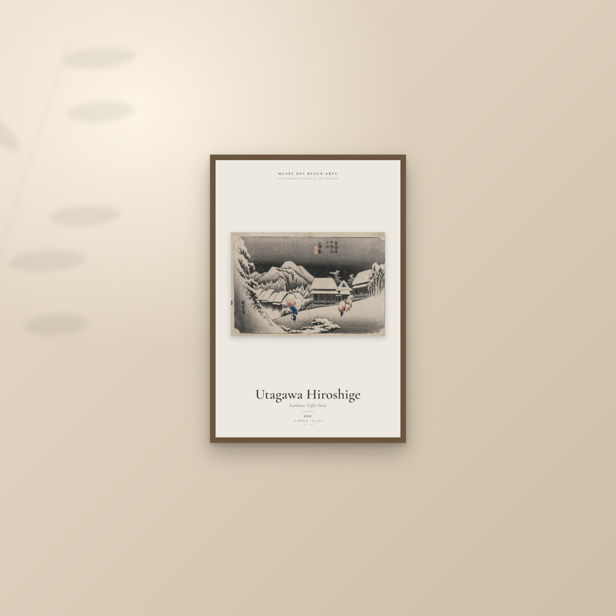 Kanbara: Night Snow — Exhibition Poster — framed and styled on a sunlit wall