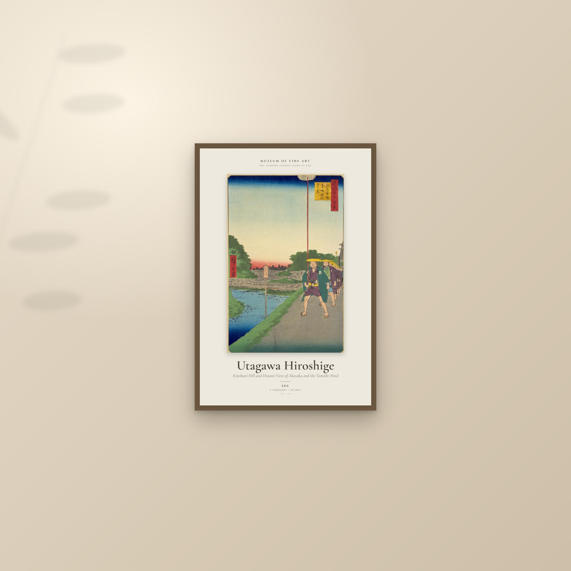 Kinokuni Hill and Distant View of Akasaka and the Tameike Pond — Exhibition Poster — framed and styled on a sunlit wall