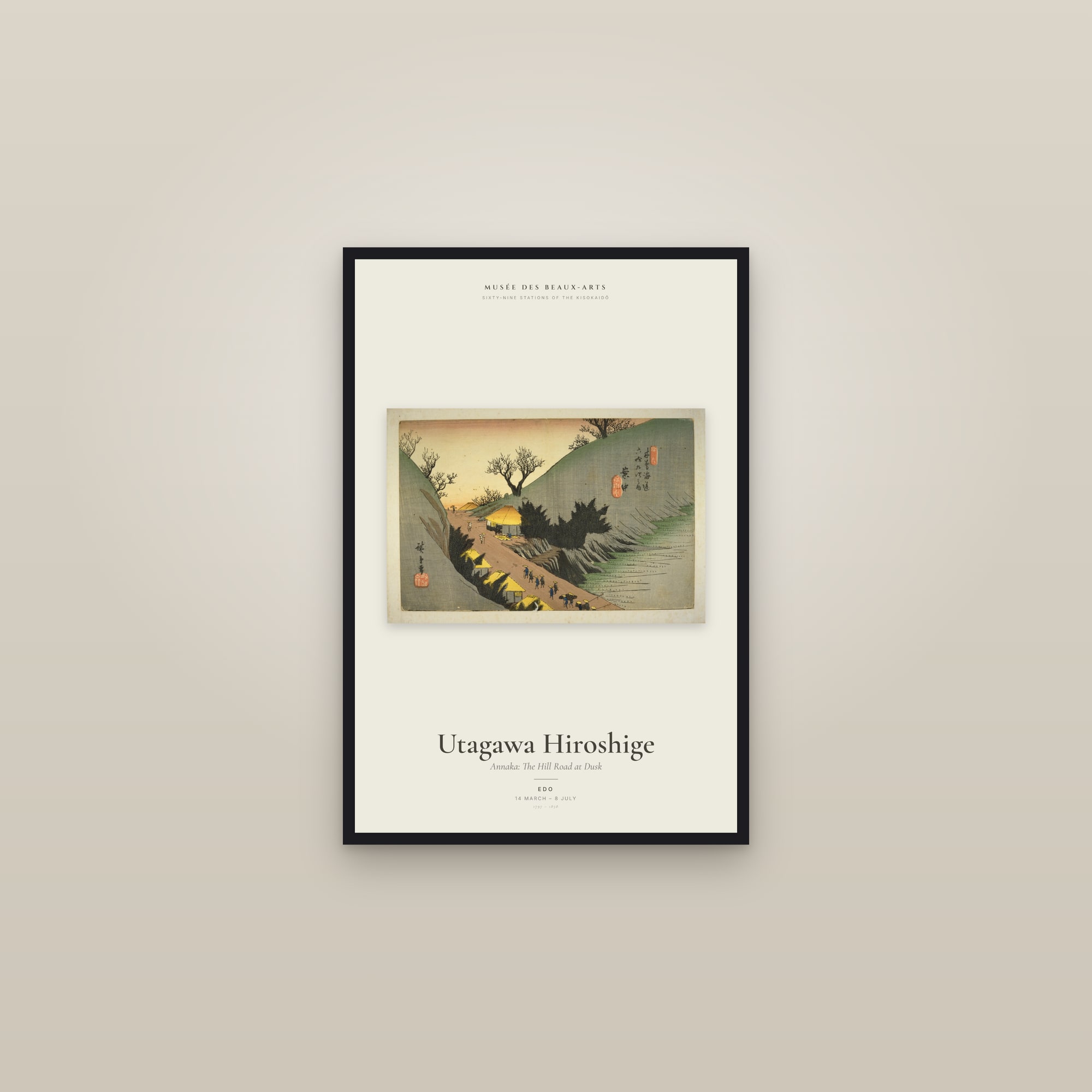 Annaka: The Hill Road at Dusk — Exhibition Poster — framed in a gallery setting