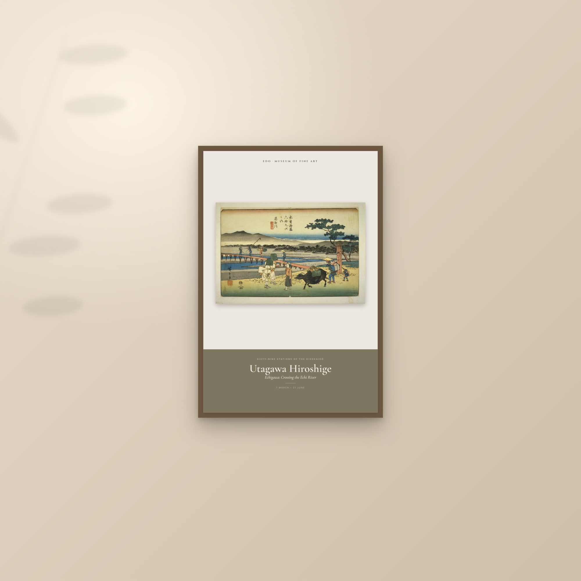 Echigawa: Crossing the Echi River — Exhibition Poster — framed and styled on a sunlit wall