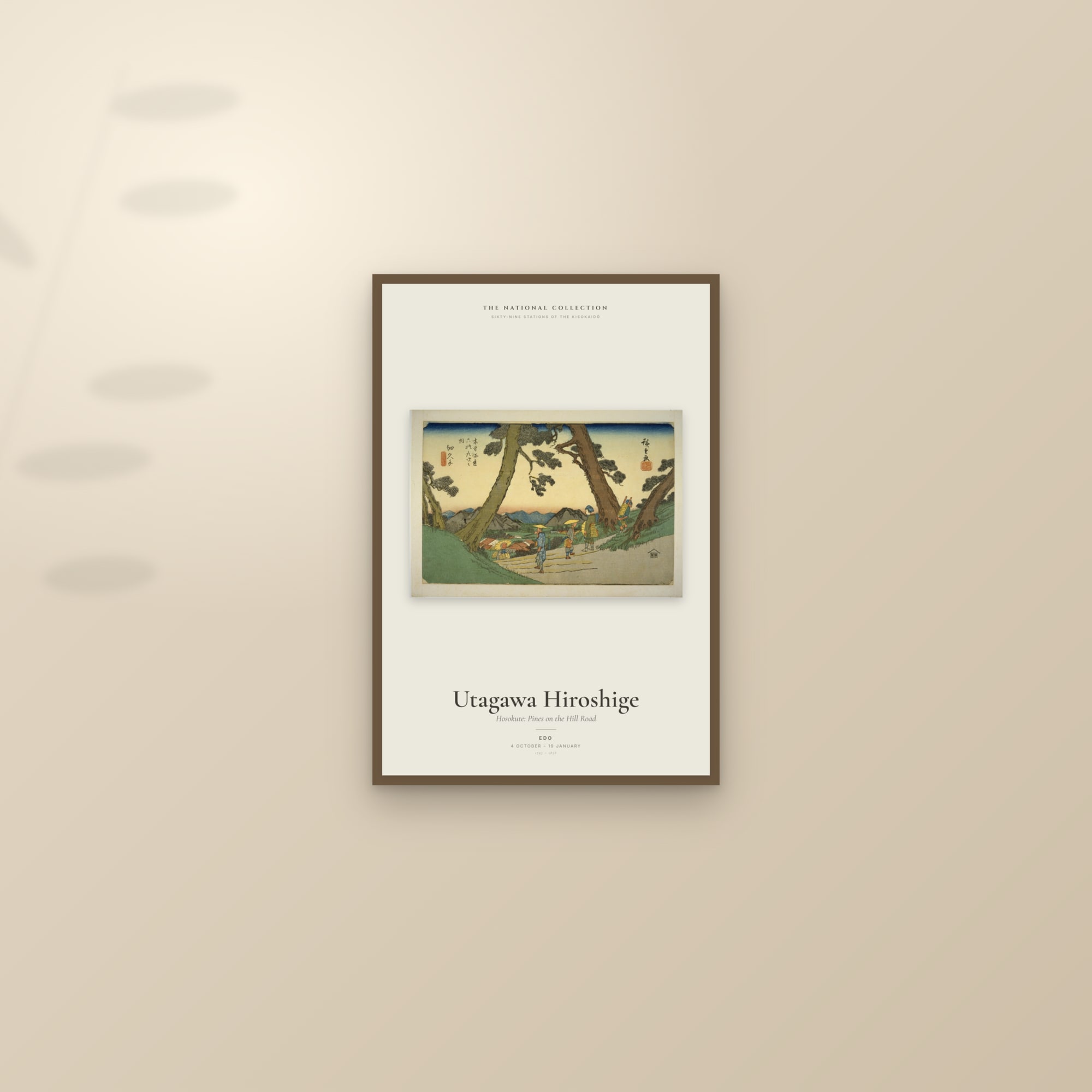 Hosokute: Pines on the Hill Road — Exhibition Poster — framed and styled on a sunlit wall