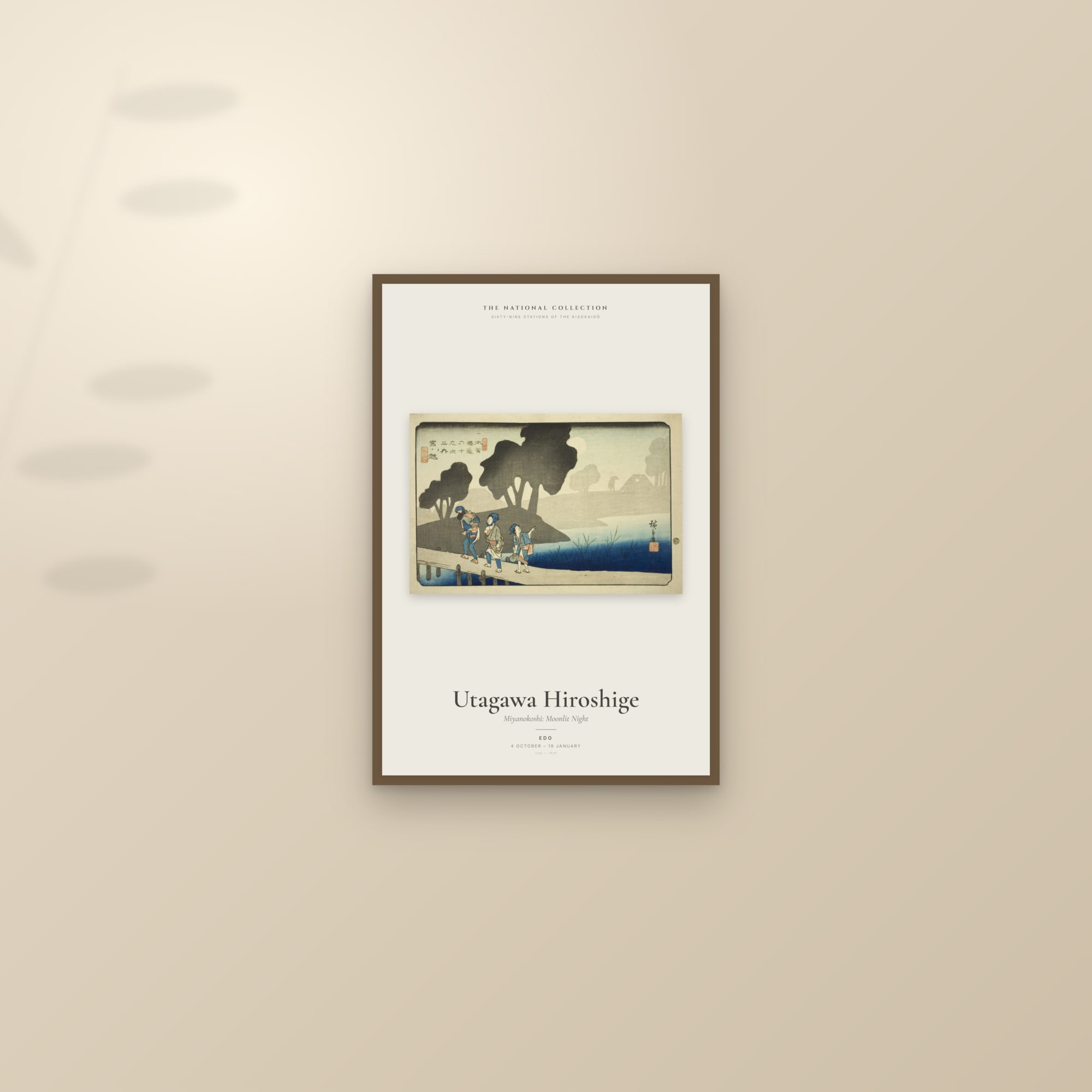 Miyanokoshi: Moonlit Night — Exhibition Poster — framed and styled on a sunlit wall