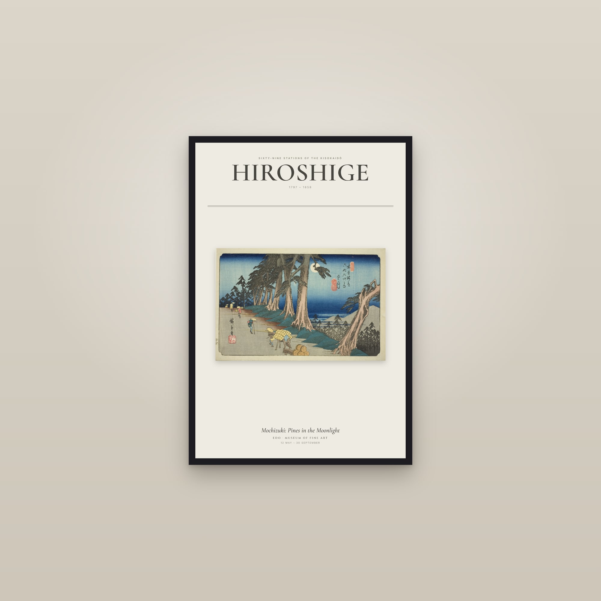 Mochizuki: Pines in the Moonlight — Exhibition Poster — framed in a gallery setting