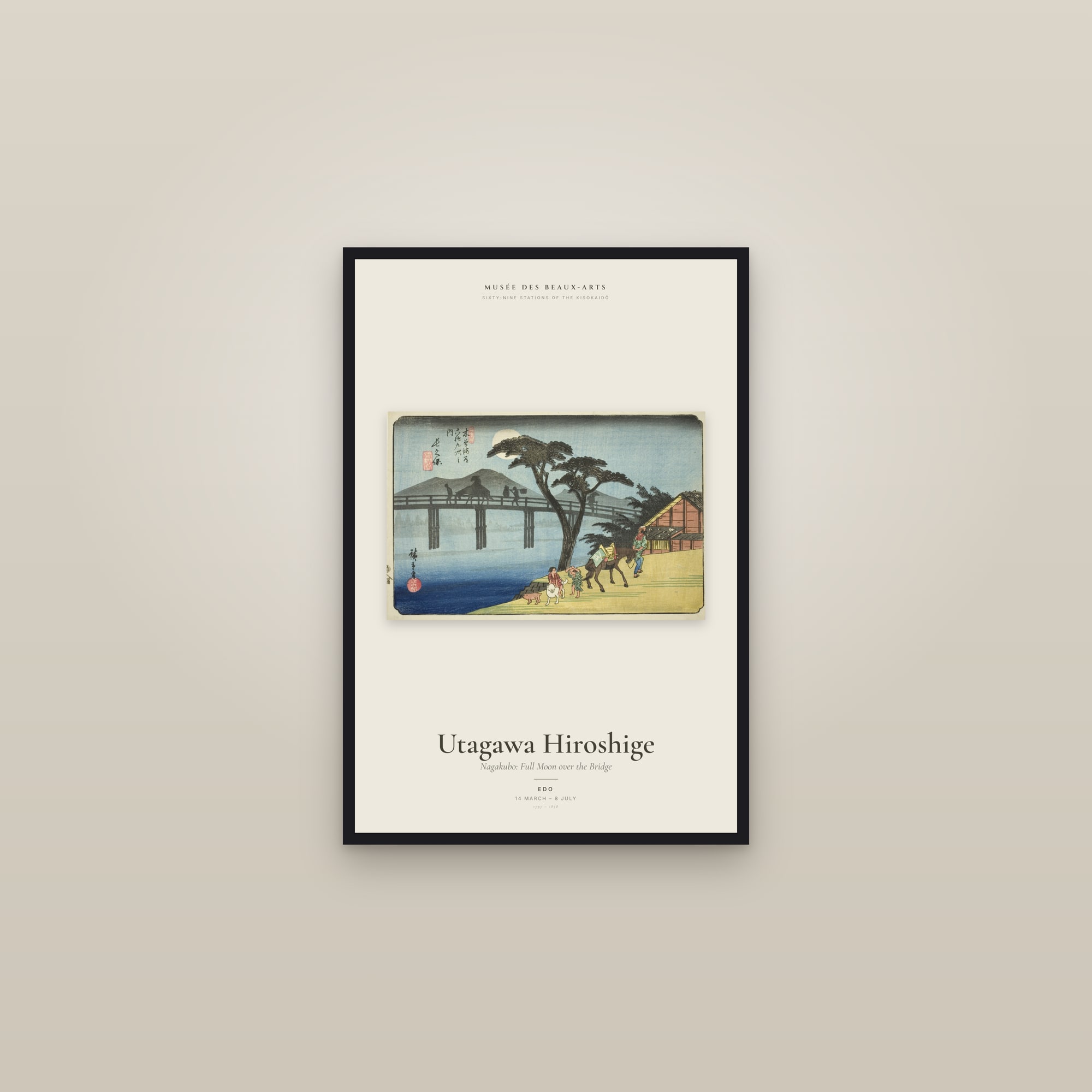 Nagakubo: Full Moon over the Bridge — Exhibition Poster — framed in a gallery setting
