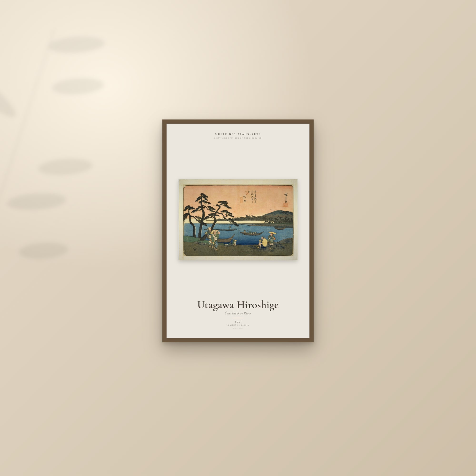 Ōta: The Kiso River — Exhibition Poster — framed and styled on a sunlit wall