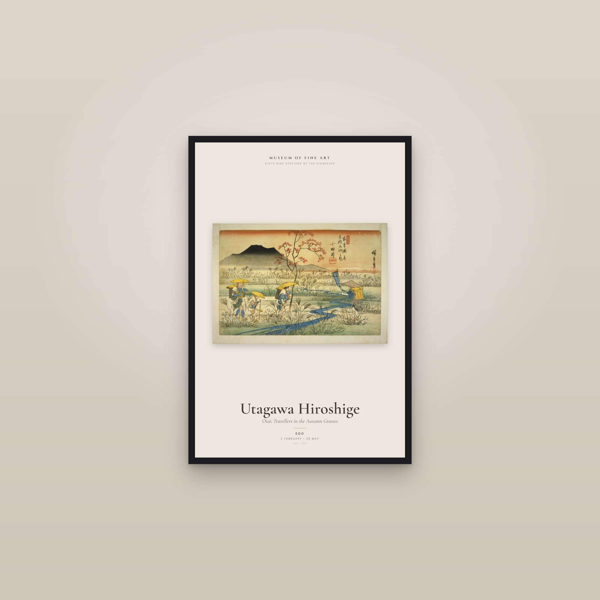 Otai: Travellers in the Autumn Grasses — Exhibition Poster — framed in a gallery setting