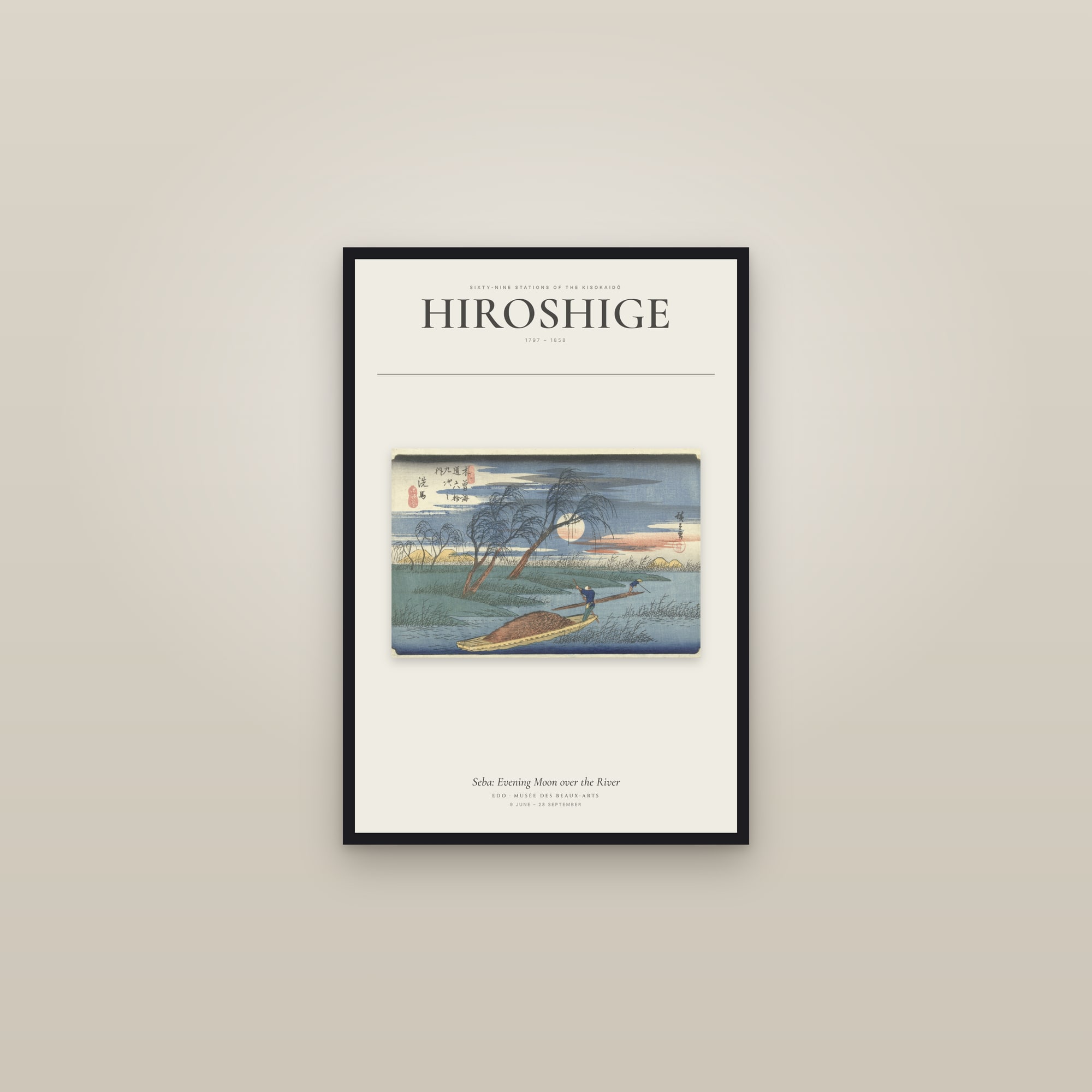 Seba: Evening Moon over the River — Exhibition Poster — framed in a gallery setting