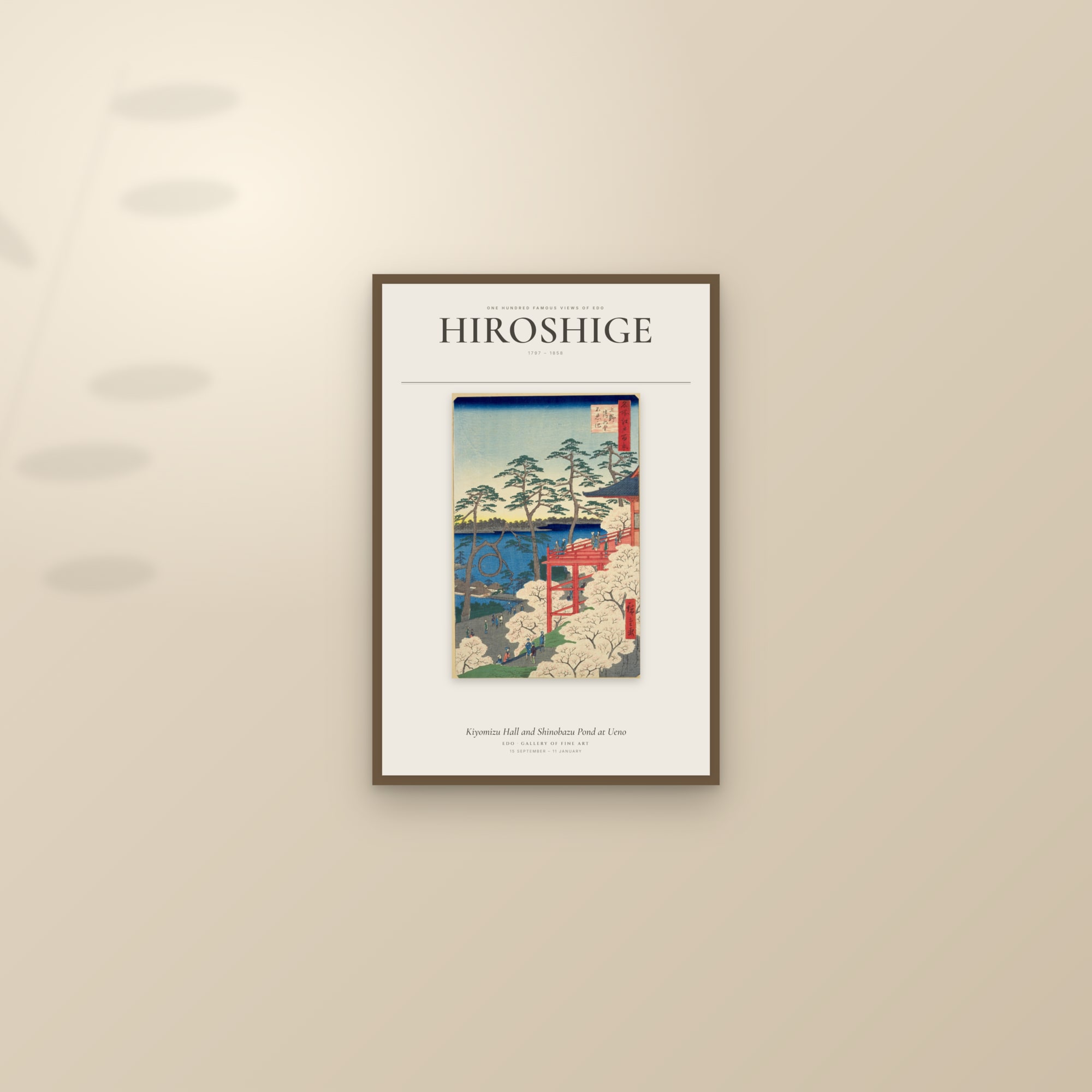 Kiyomizu Hall and Shinobazu Pond at Ueno — Exhibition Poster — framed and styled on a sunlit wall