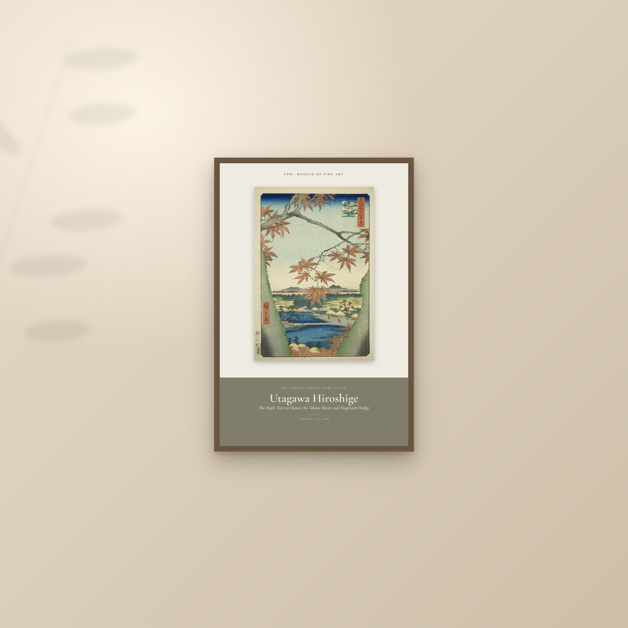 The Maple Trees at Mama, the Tekona Shrine and Tsugihashi Bridge — Exhibition Poster — framed and styled on a sunlit wall