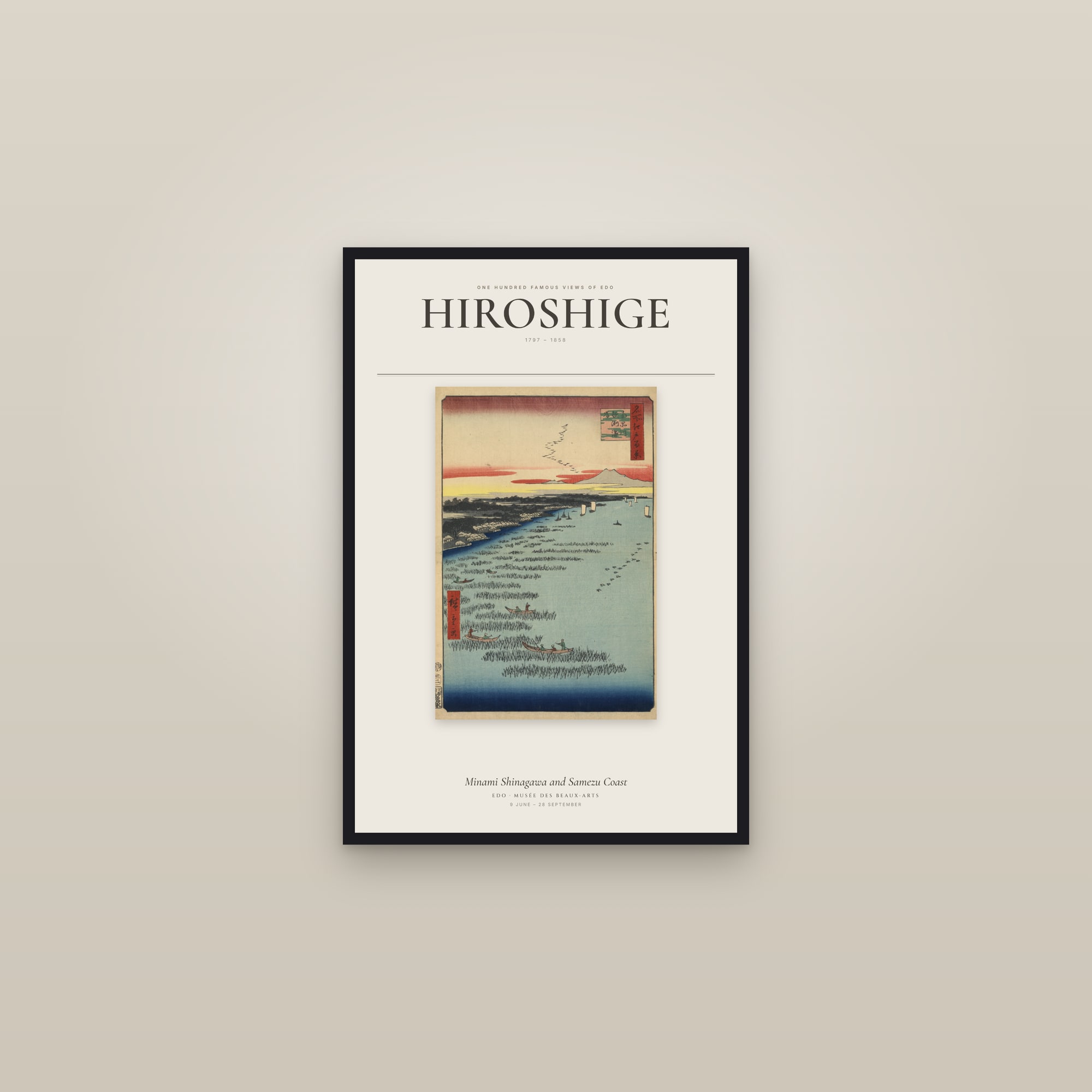 Minami Shinagawa and Samezu Coast — Exhibition Poster — framed in a gallery setting