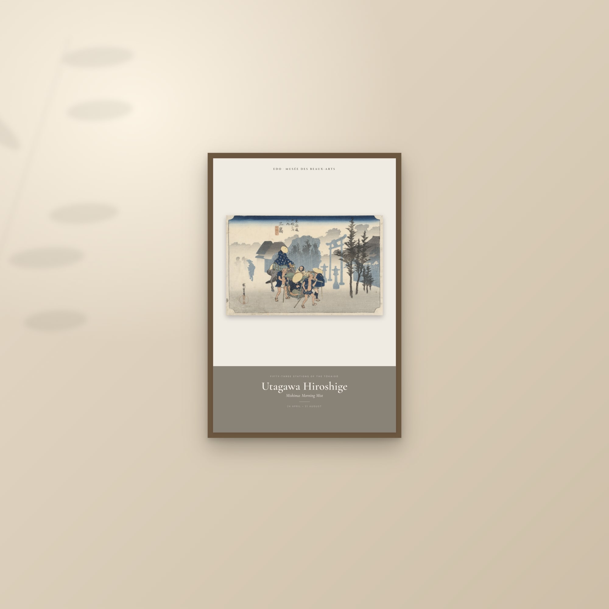 Mishima: Morning Mist — Exhibition Poster — framed and styled on a sunlit wall