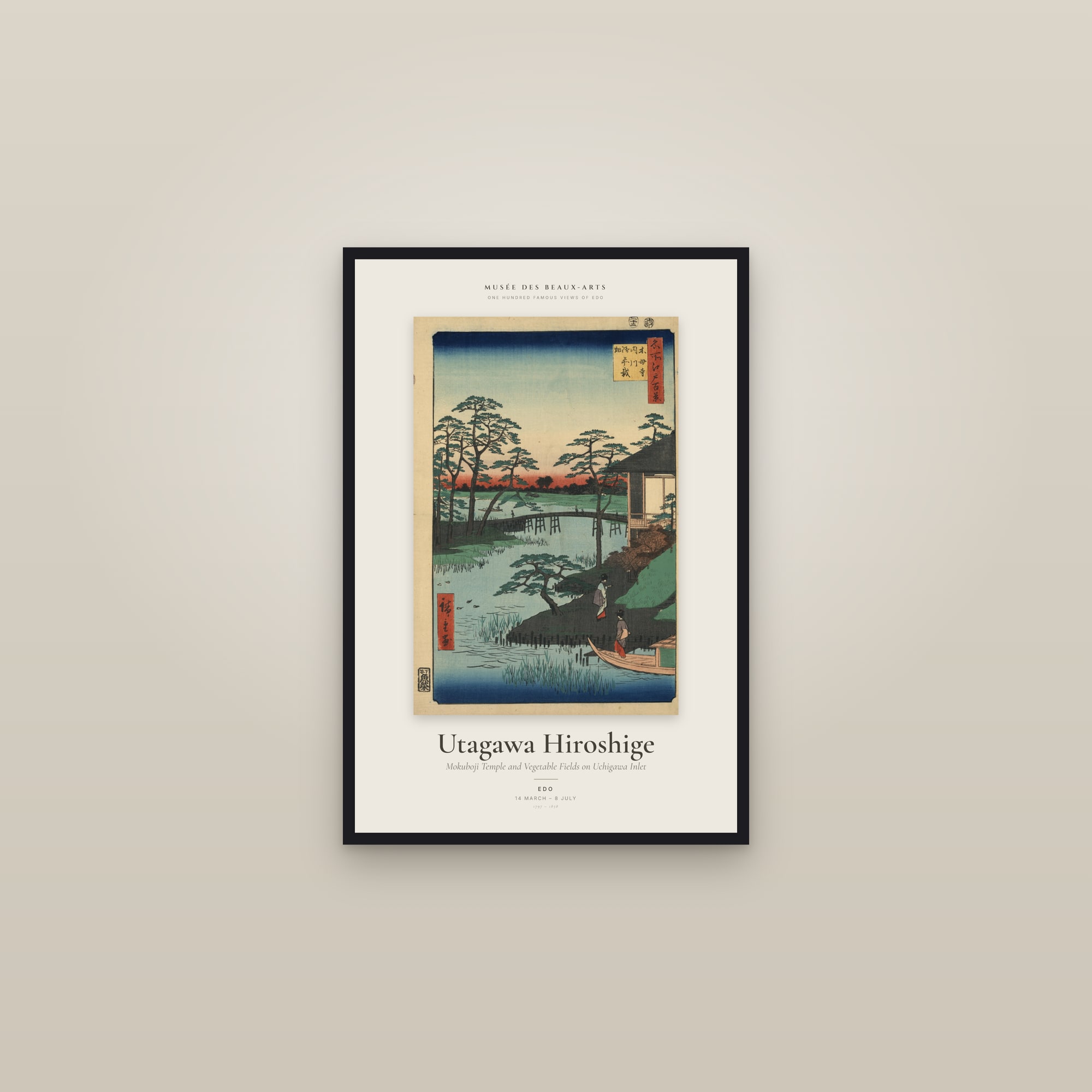 Mokuboji Temple and Vegetable Fields on Uchigawa Inlet — Exhibition Poster — framed in a gallery setting