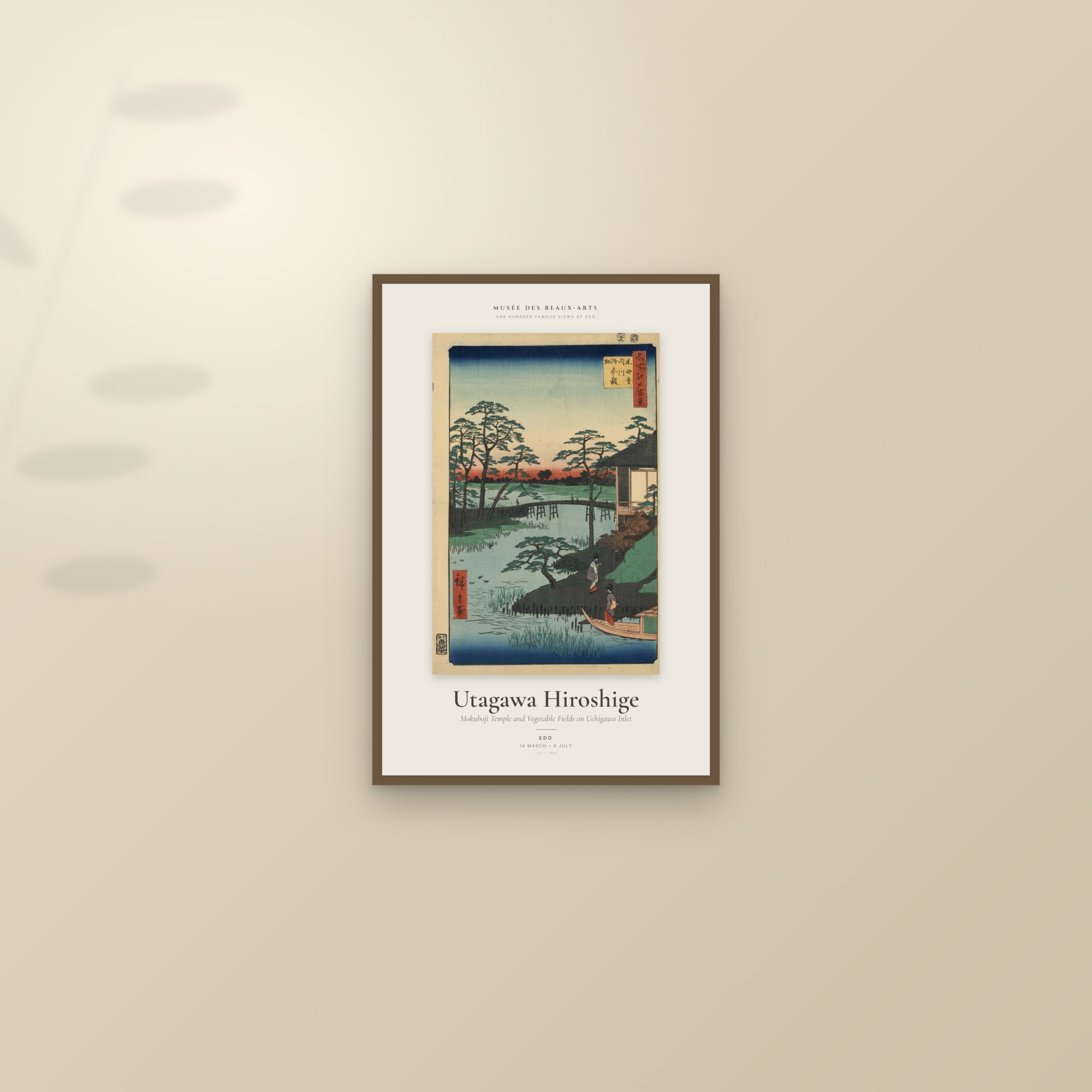 Mokuboji Temple and Vegetable Fields on Uchigawa Inlet — Exhibition Poster — framed and styled on a sunlit wall