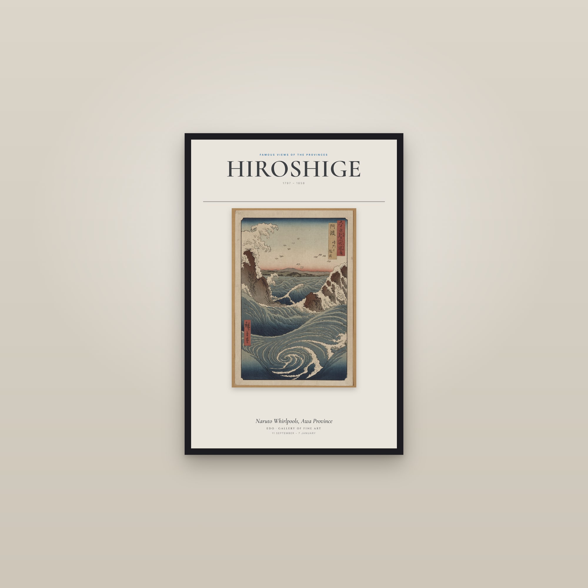 Naruto Whirlpools, Awa Province — Exhibition Poster — framed in a gallery setting