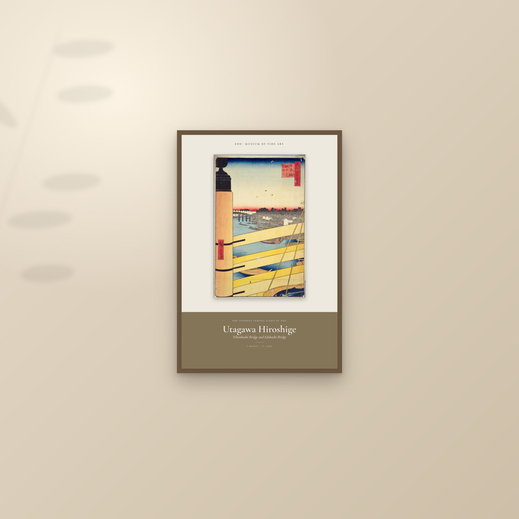 Nihonbashi Bridge and Edobashi Bridge — Exhibition Poster — framed and styled on a sunlit wall
