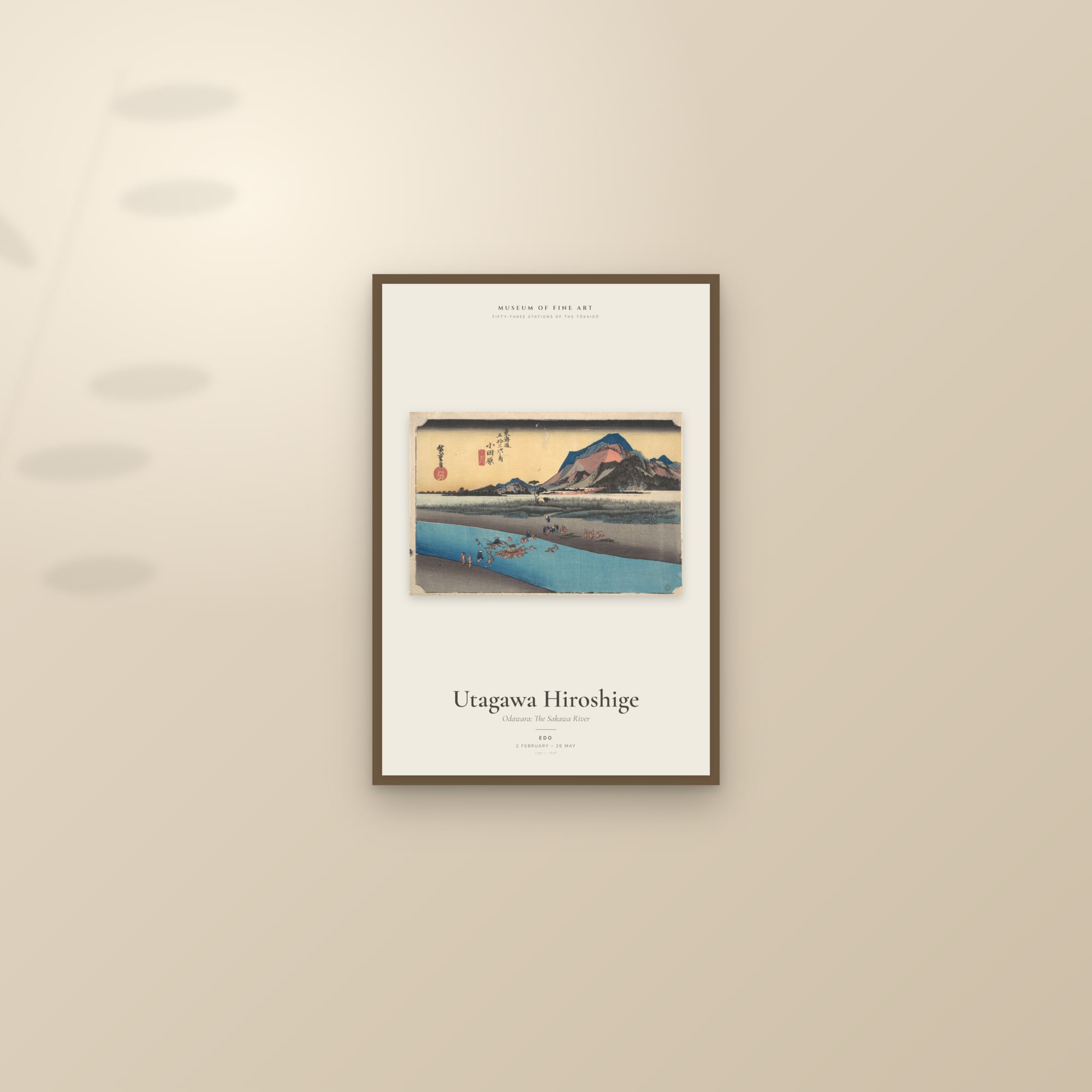 Odawara: The Sakawa River — Exhibition Poster — framed and styled on a sunlit wall