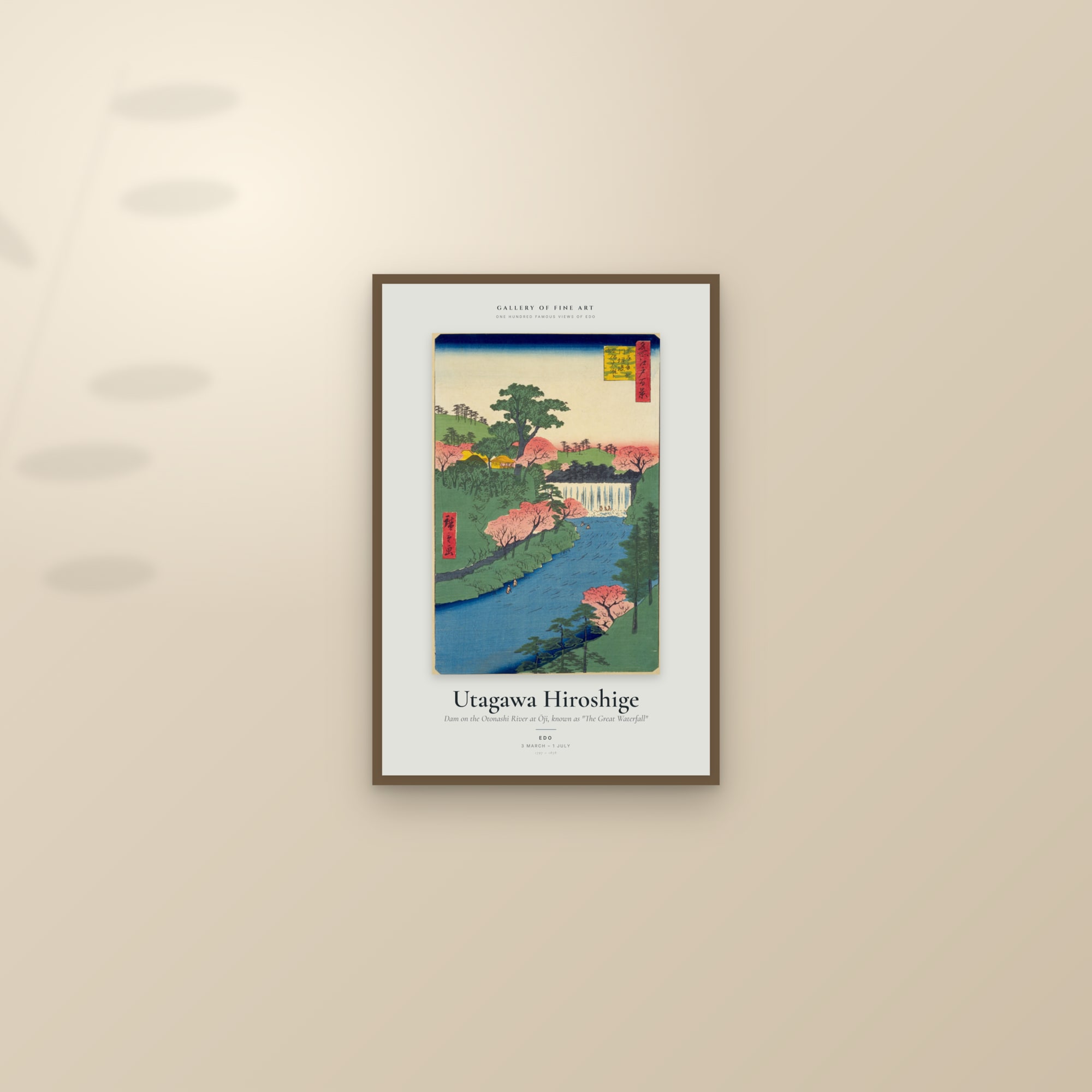 Dam on the Otonashi River at Ōji, known as "The Great Waterfall" — Exhibition Poster — framed and styled on a sunlit wall
