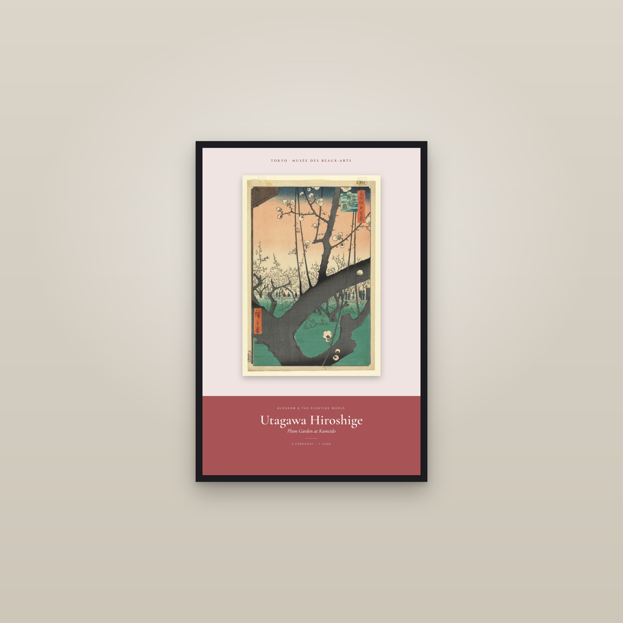 Plum Garden at Kameido — Exhibition Poster — framed in a gallery setting