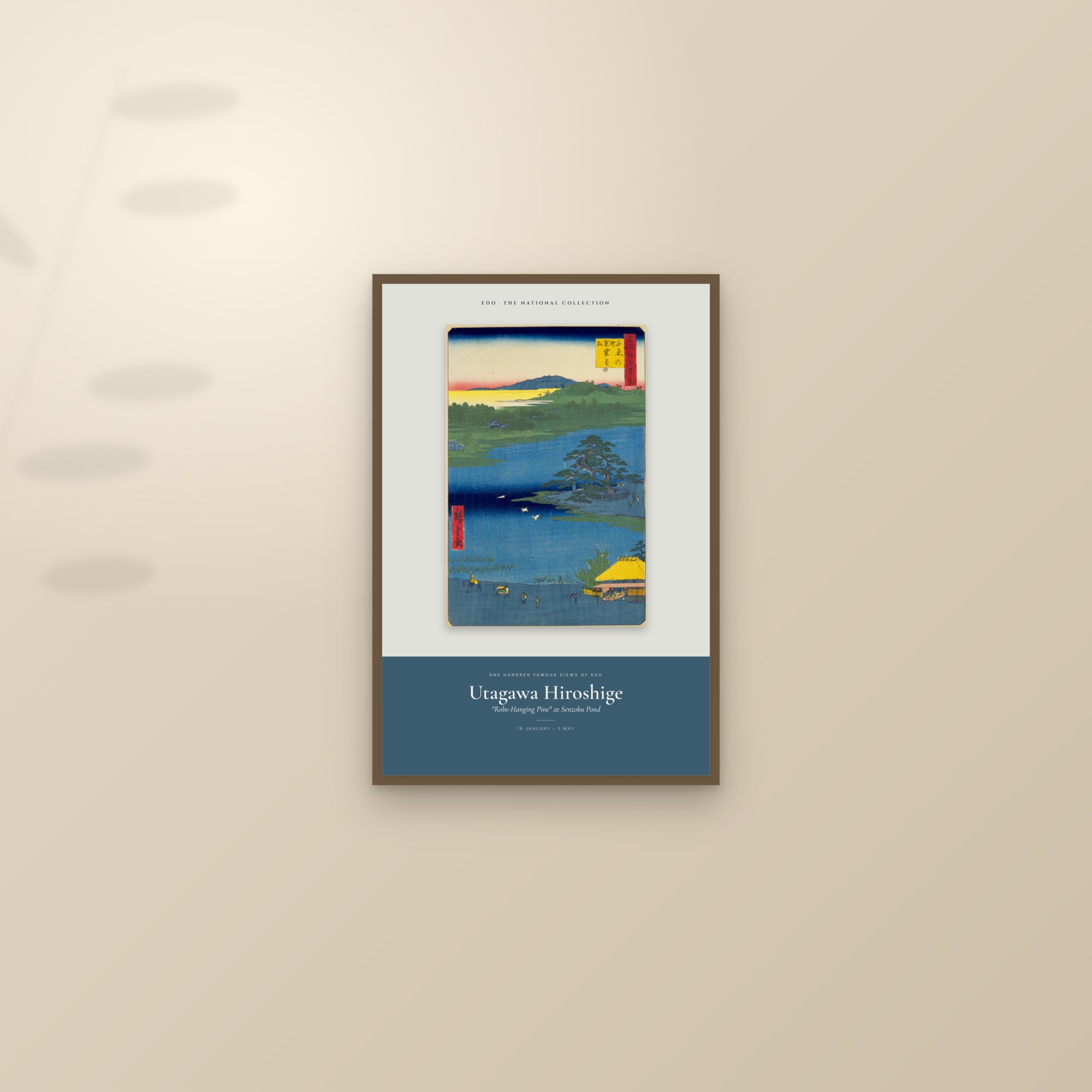 "Robe-Hanging Pine" at Senzoku Pond — Exhibition Poster — framed and styled on a sunlit wall