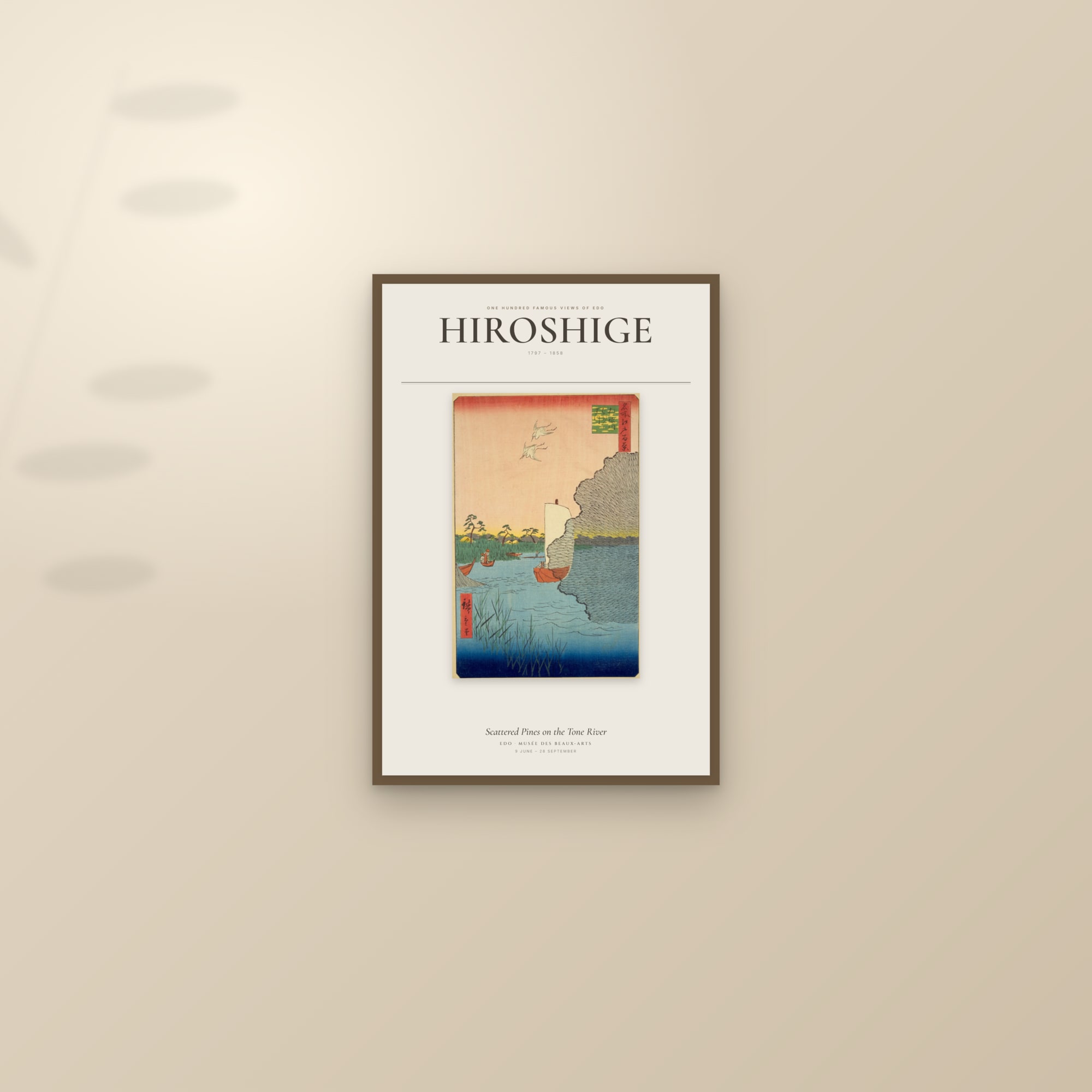 Scattered Pines on the Tone River — Exhibition Poster — framed and styled on a sunlit wall