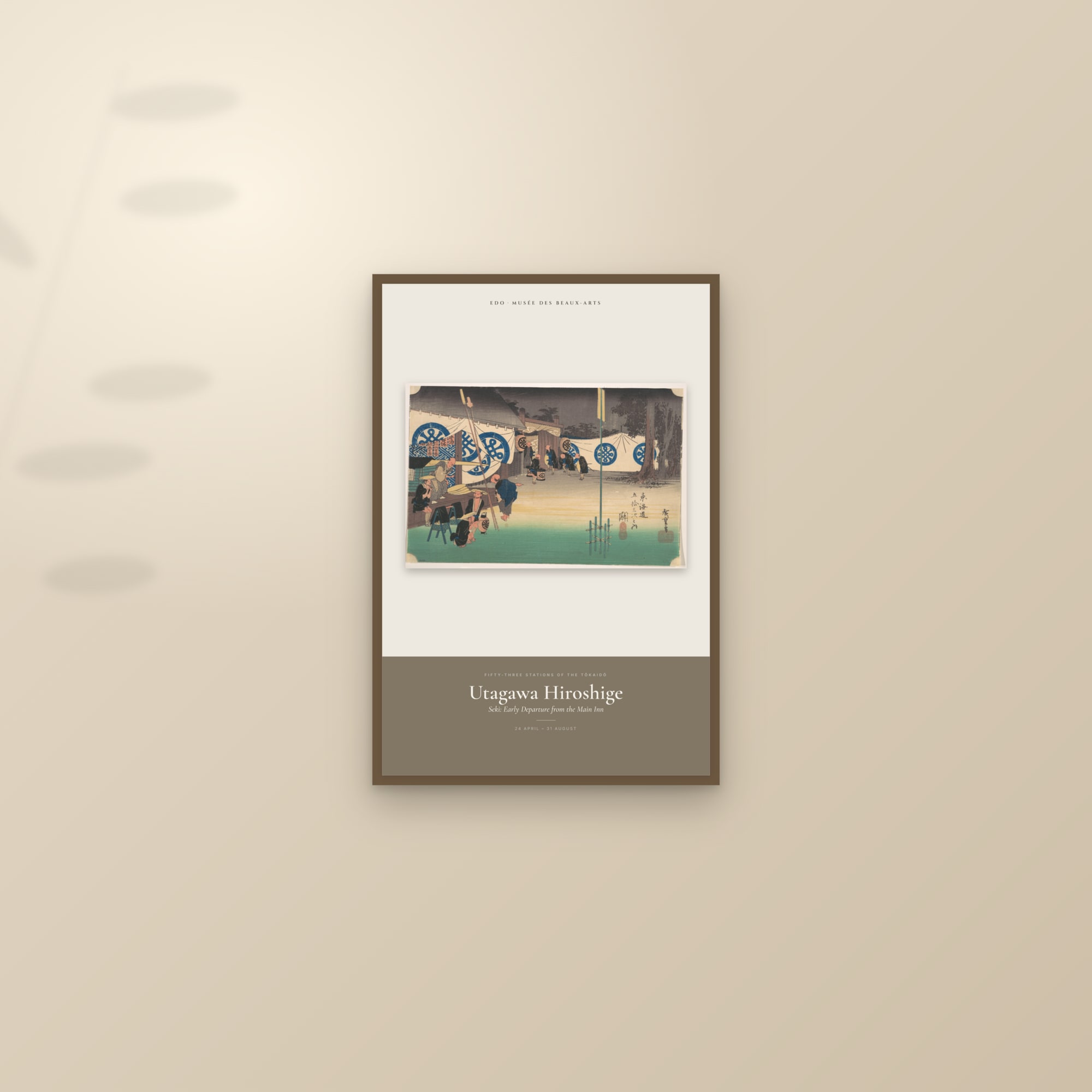 Seki: Early Departure from the Main Inn — Exhibition Poster — framed and styled on a sunlit wall
