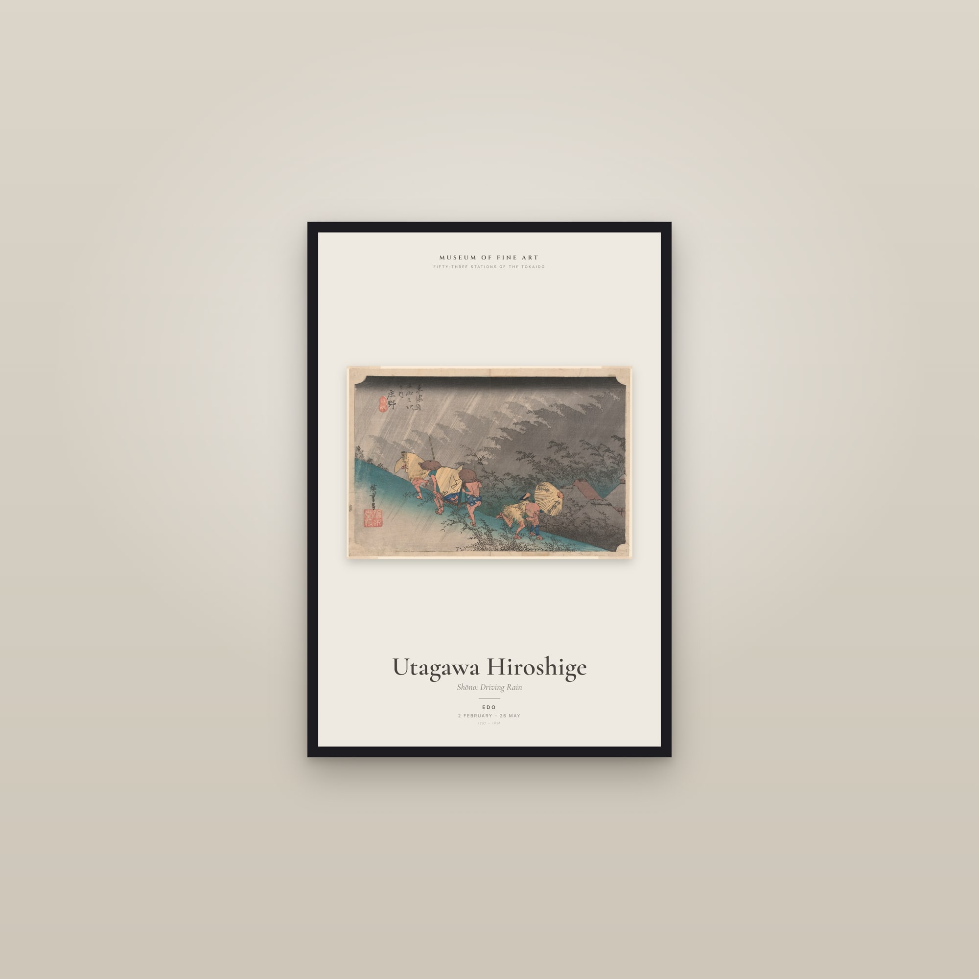 Shōno: Driving Rain — Exhibition Poster — framed in a gallery setting
