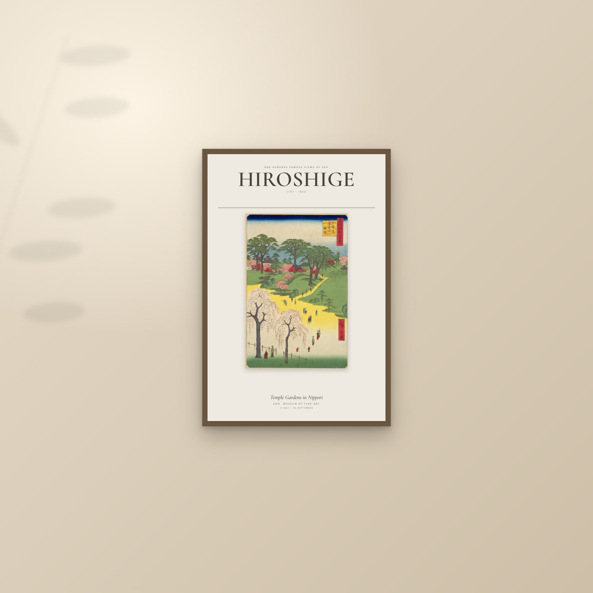 Temple Gardens in Nippori — Exhibition Poster — framed and styled on a sunlit wall