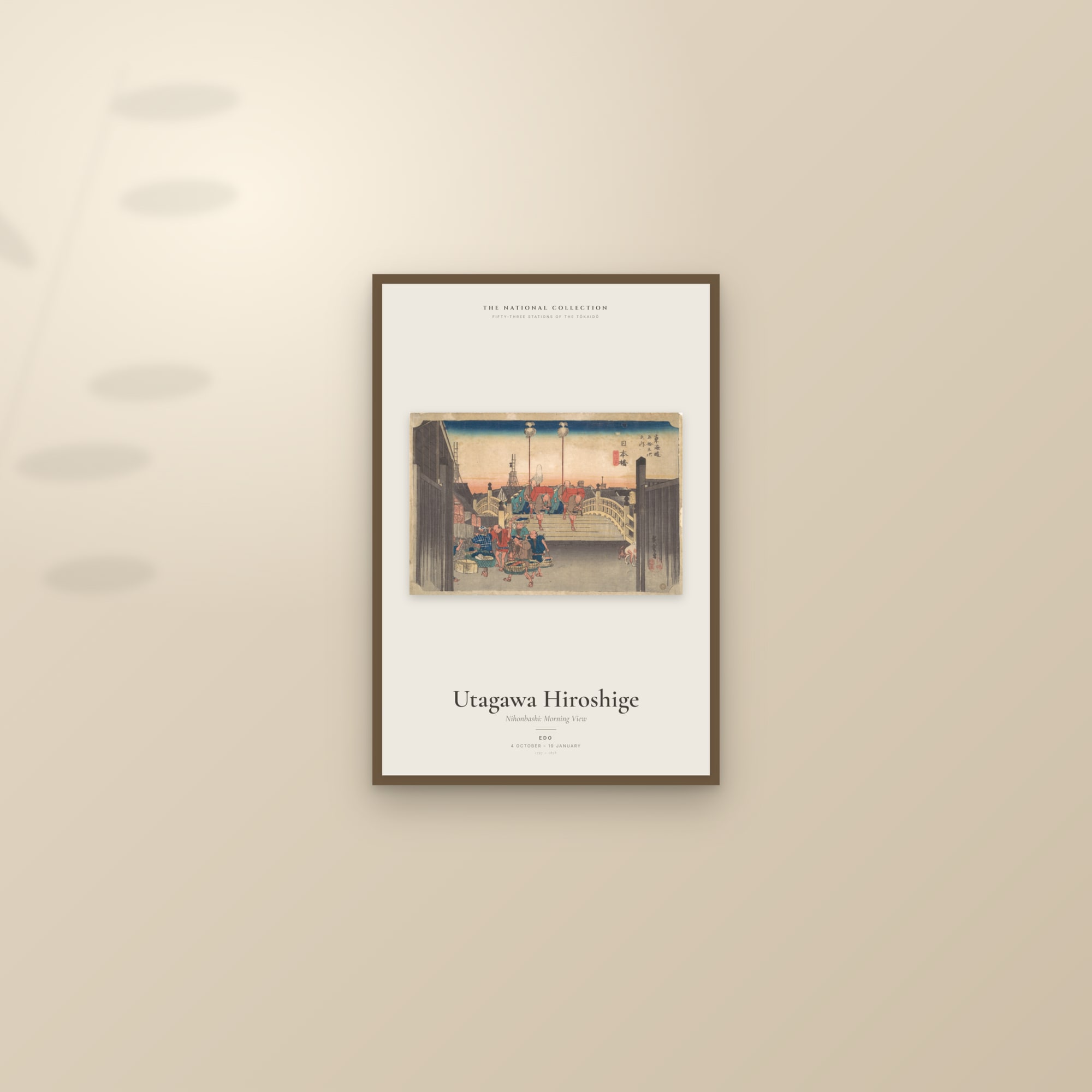 Nihonbashi: Morning View — Exhibition Poster — framed and styled on a sunlit wall