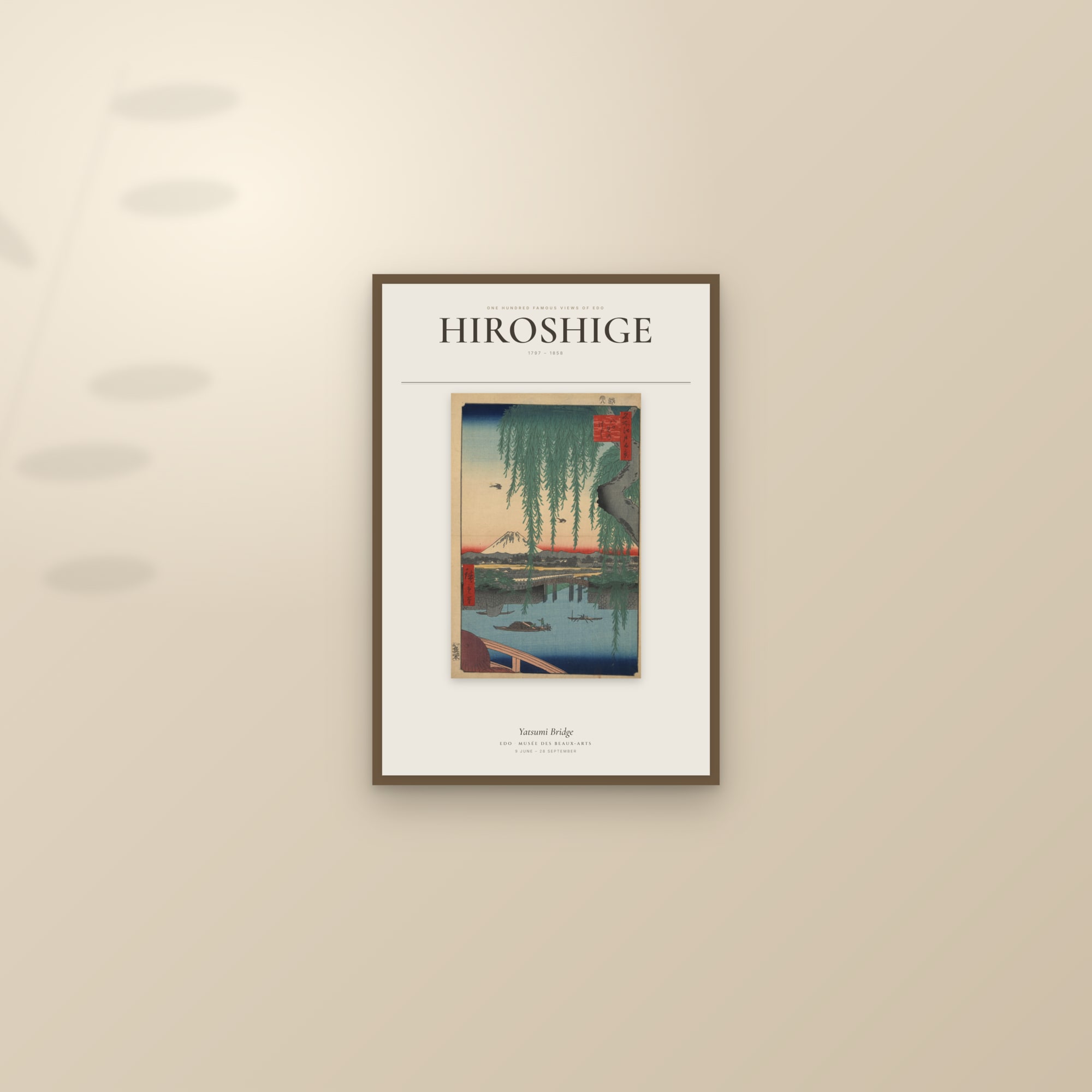 Yatsumi Bridge — Exhibition Poster — framed and styled on a sunlit wall