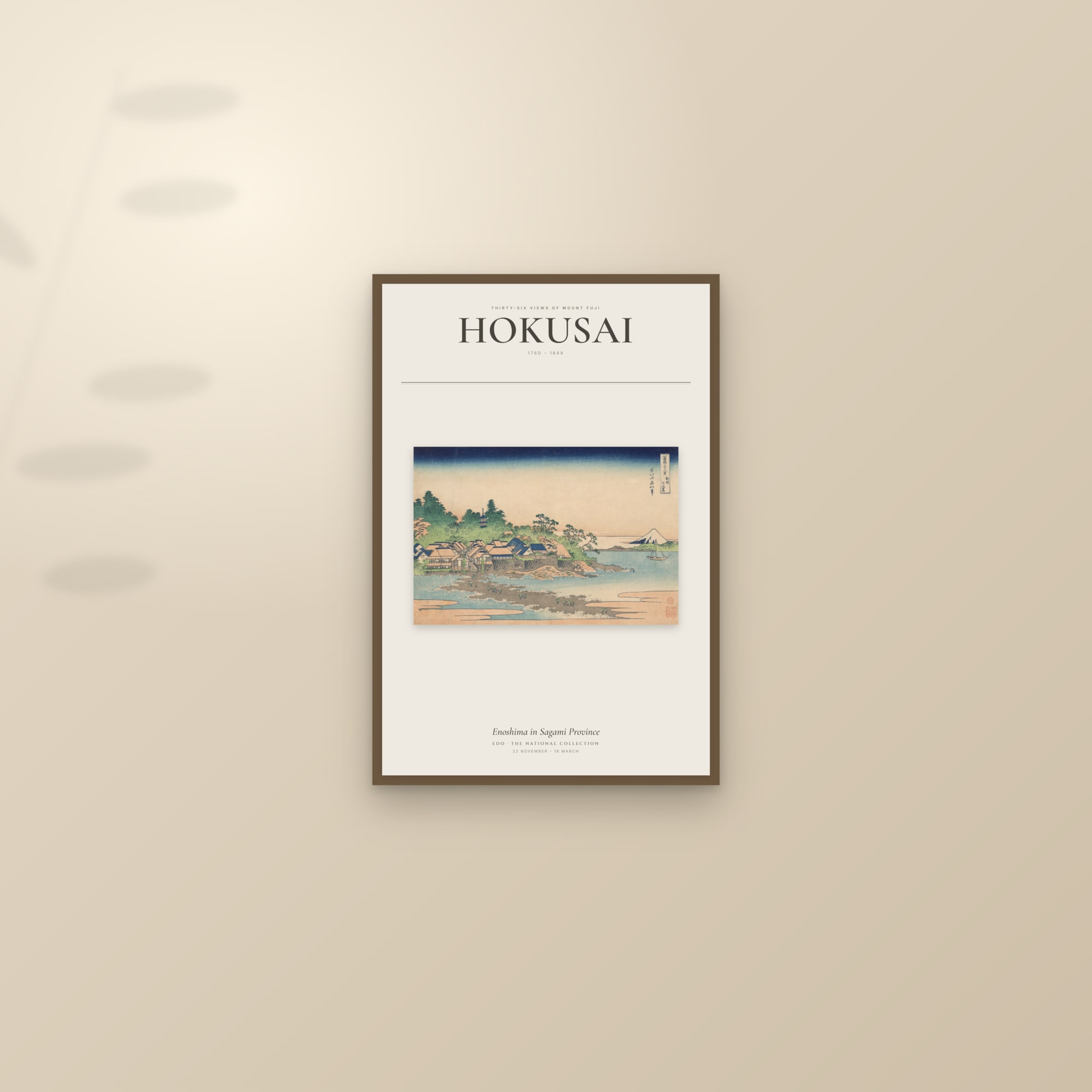 Enoshima in Sagami Province — Exhibition Poster — framed and styled on a sunlit wall