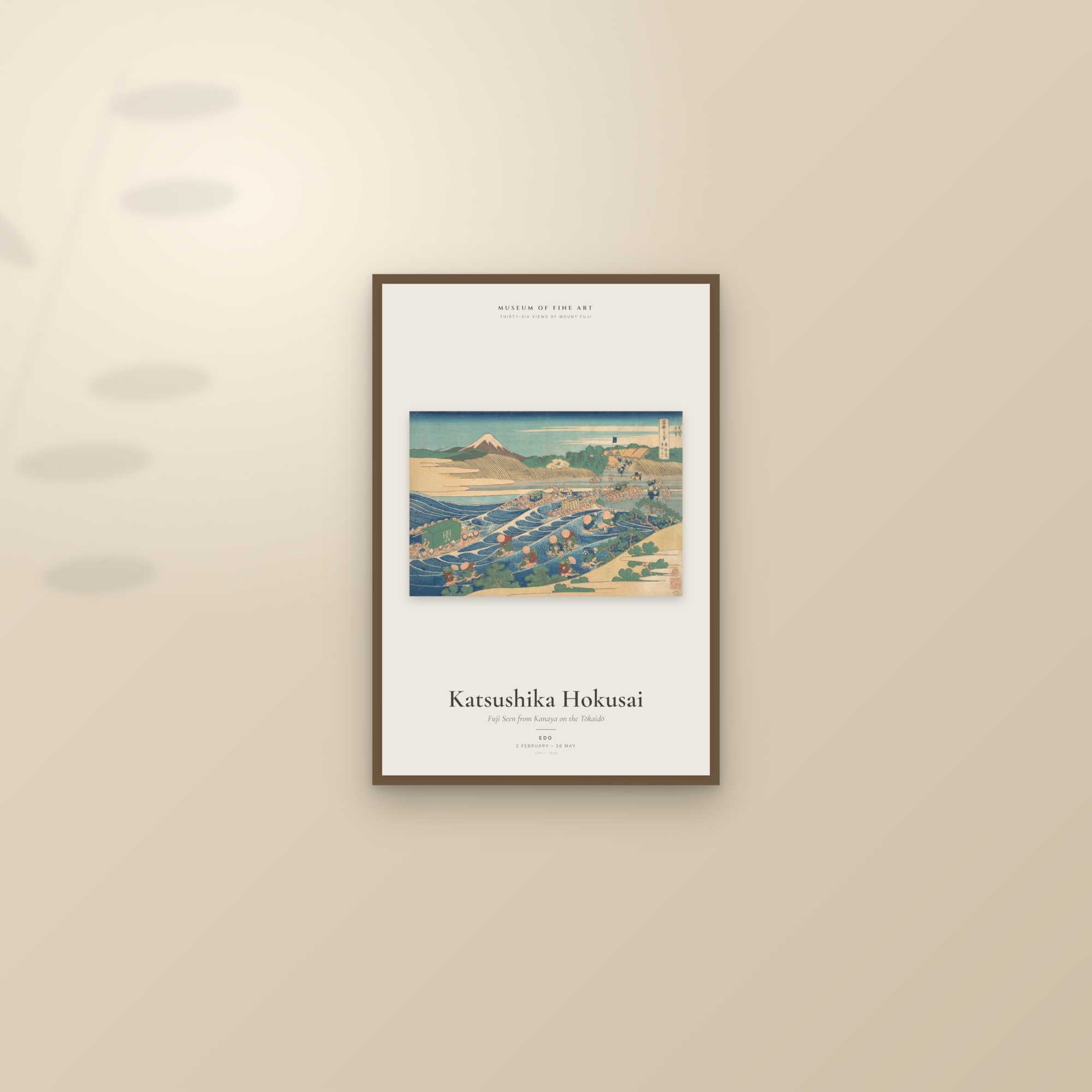 Fuji Seen from Kanaya on the Tōkaidō — Exhibition Poster — framed and styled on a sunlit wall