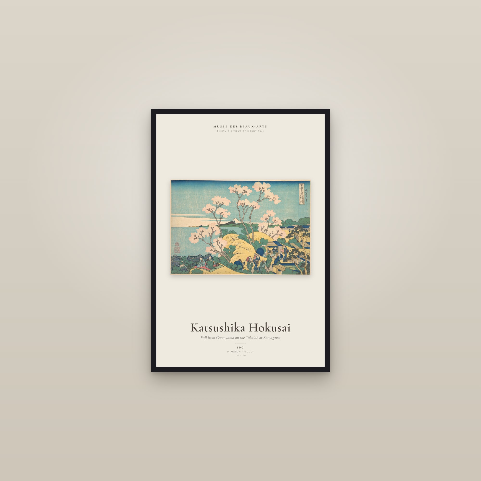 Fuji from Gotenyama on the Tōkaidō at Shinagawa — Exhibition Poster — framed in a gallery setting