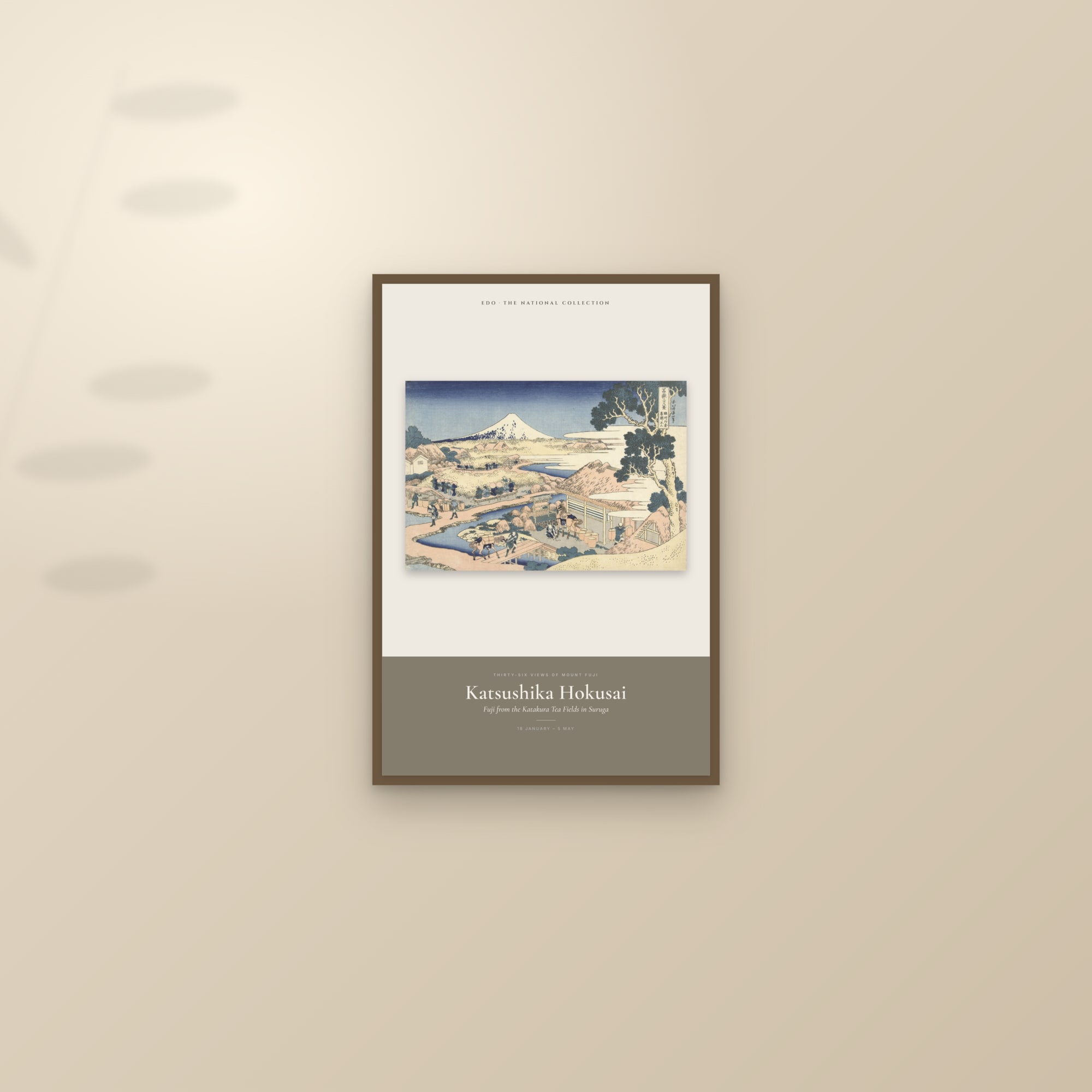Fuji from the Katakura Tea Fields in Suruga — Exhibition Poster — framed and styled on a sunlit wall