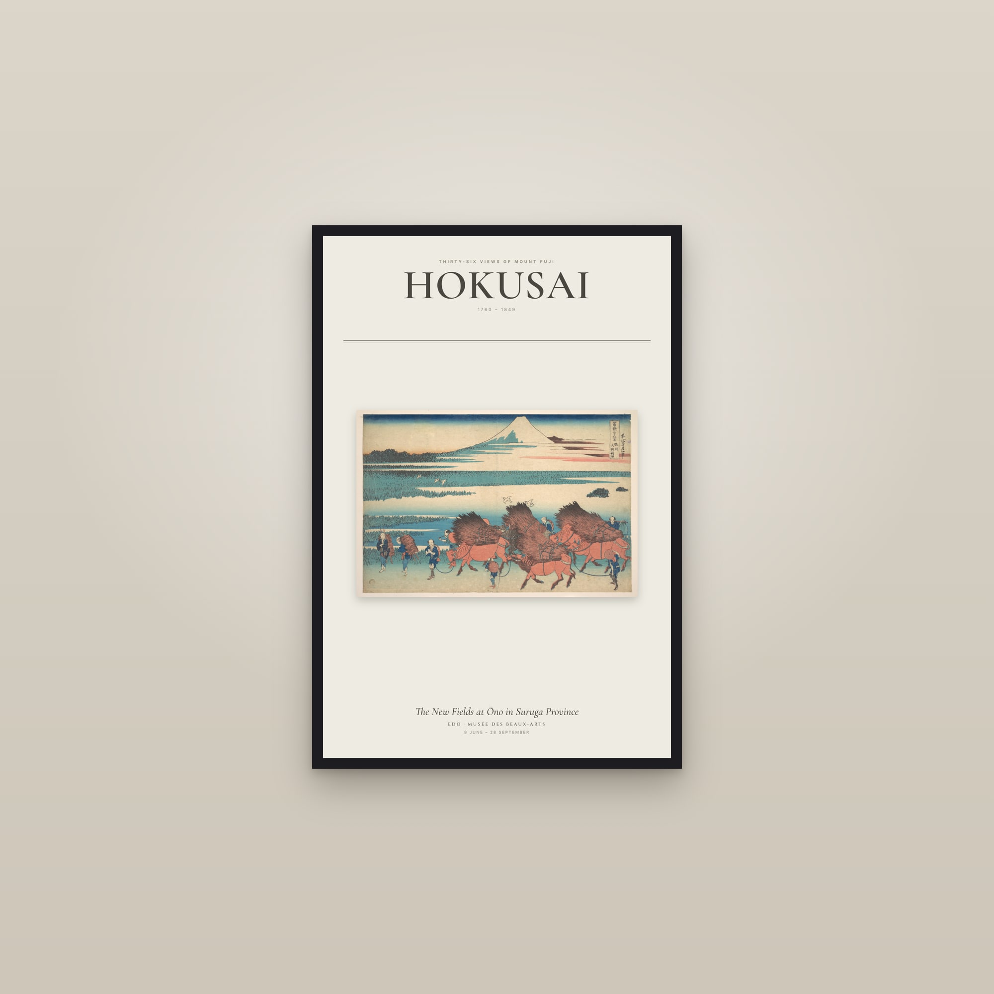 The New Fields at Ōno in Suruga Province — Exhibition Poster — framed in a gallery setting