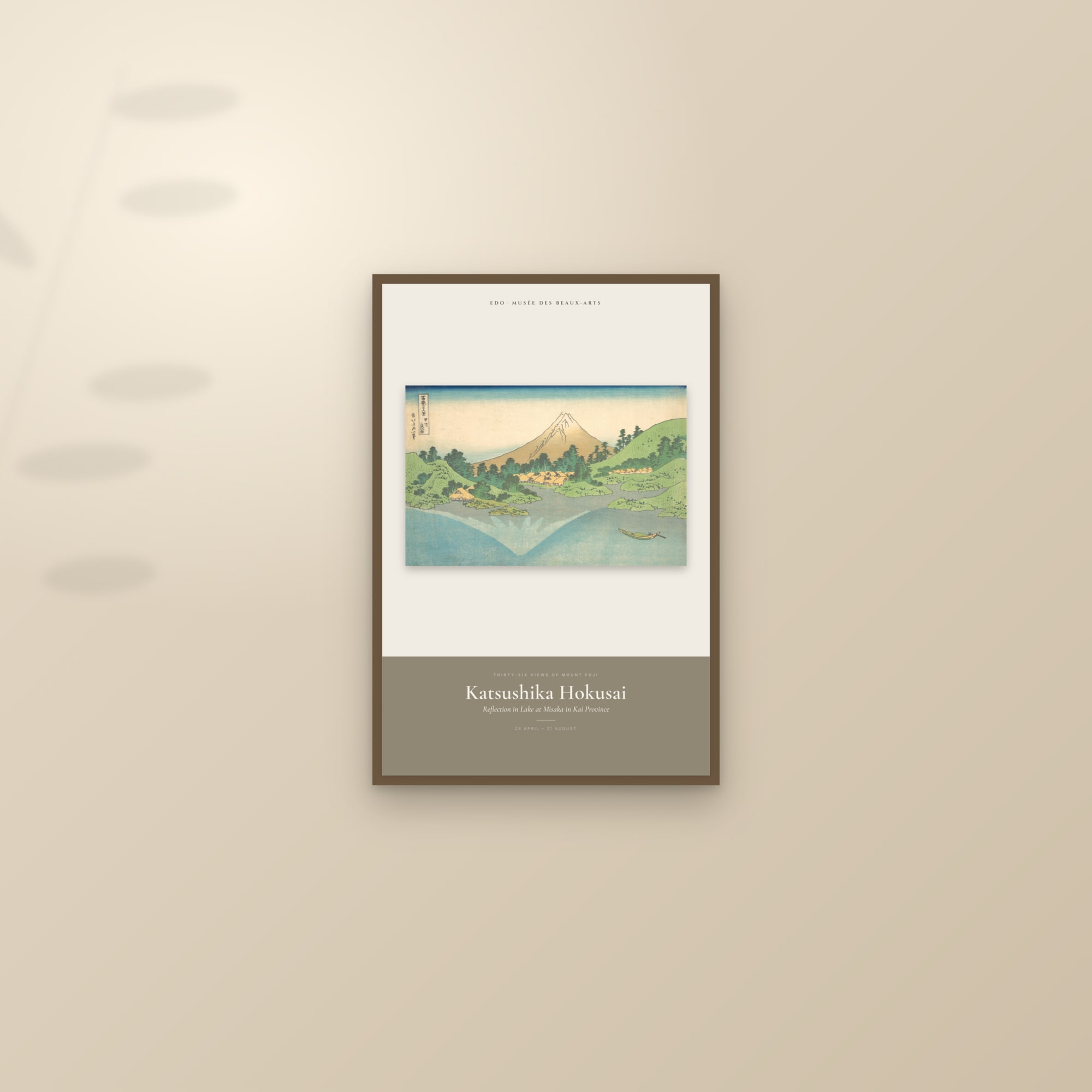 Reflection in Lake at Misaka in Kai Province — Exhibition Poster — framed and styled on a sunlit wall