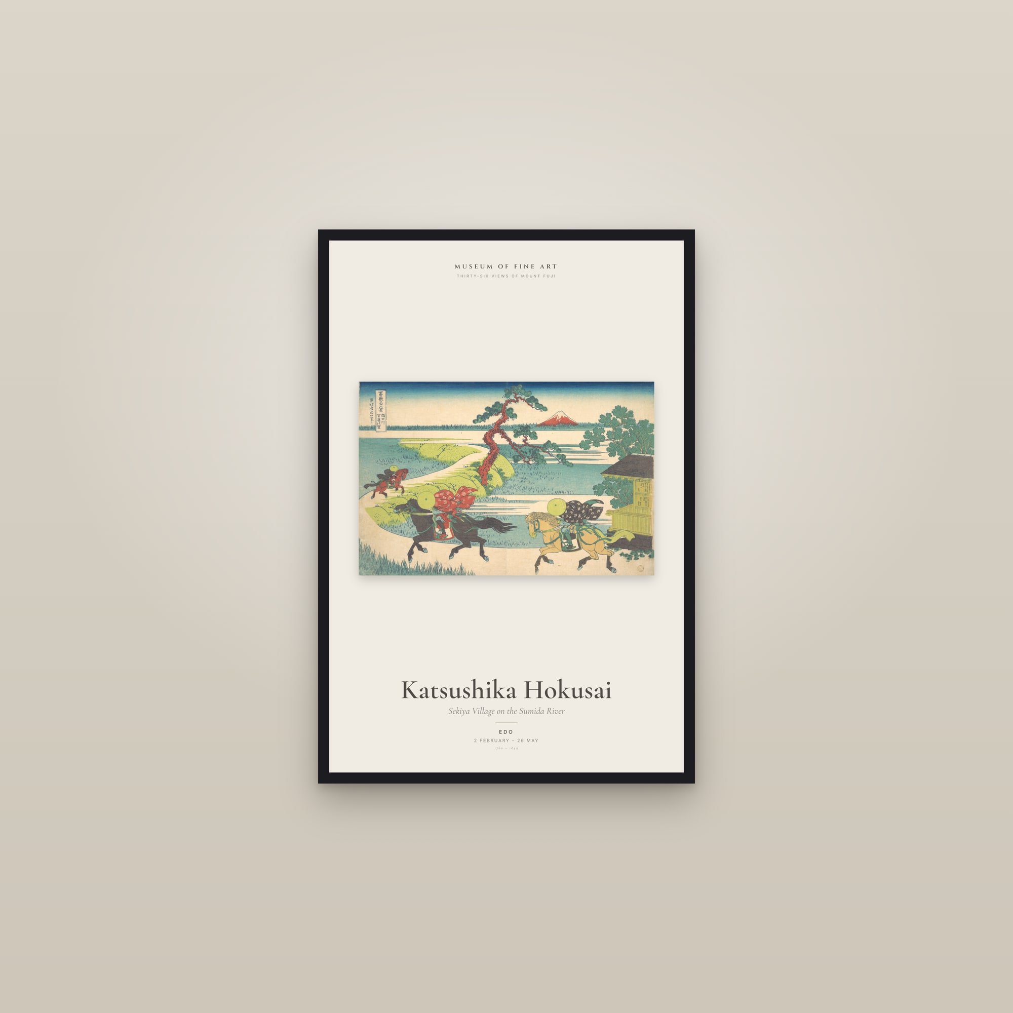 Sekiya Village on the Sumida River — Exhibition Poster — framed in a gallery setting