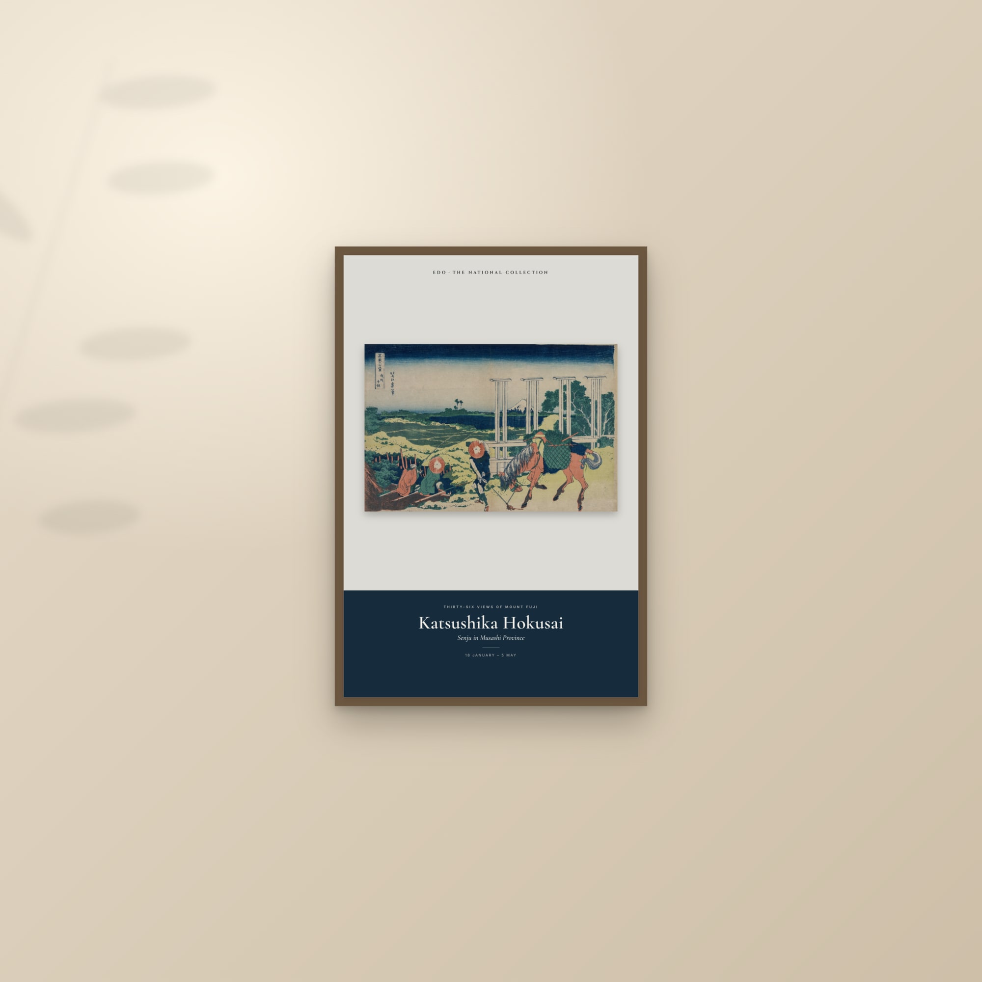Senju in Musashi Province — Exhibition Poster — framed and styled on a sunlit wall