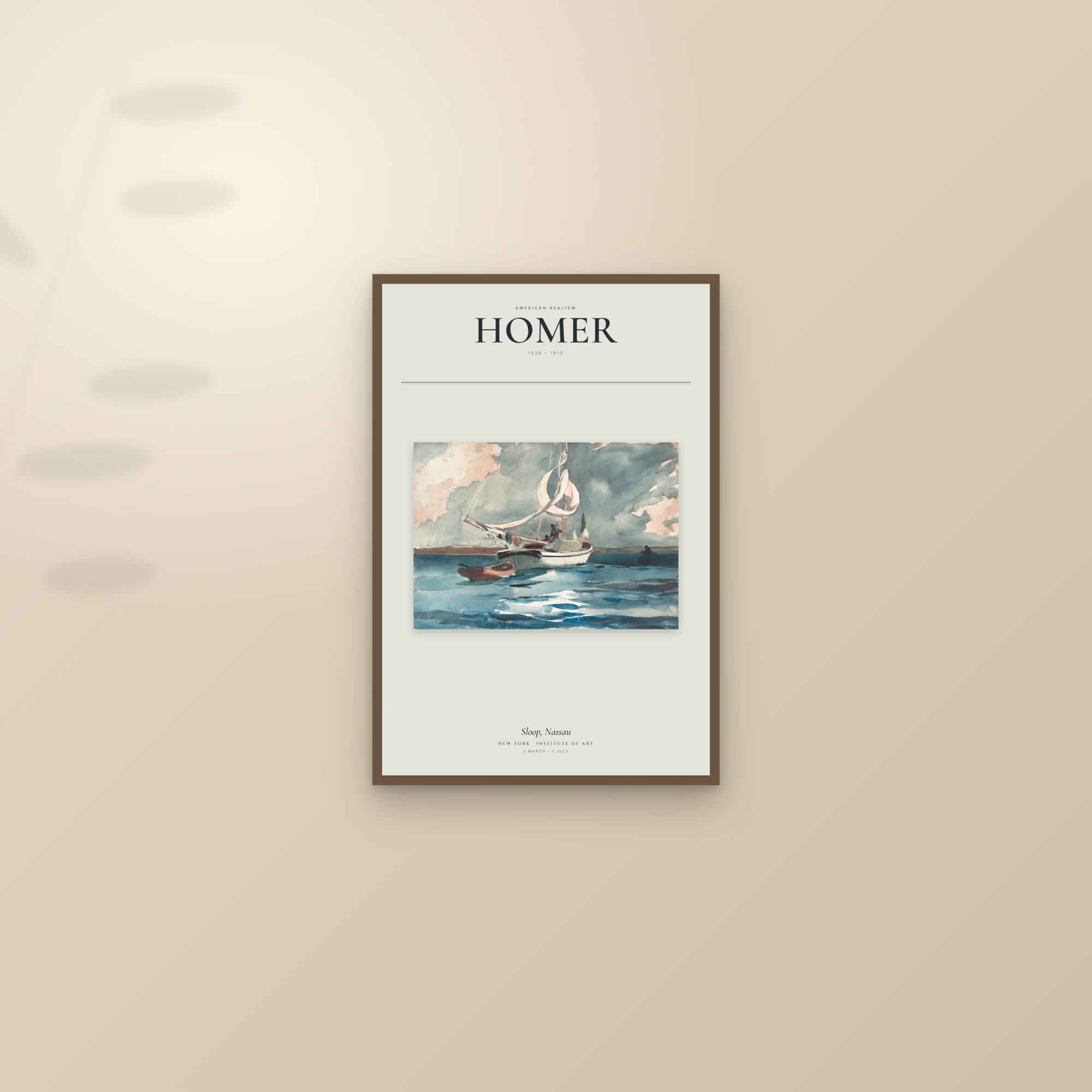 Sloop, Nassau — Exhibition Poster — framed and styled on a sunlit wall