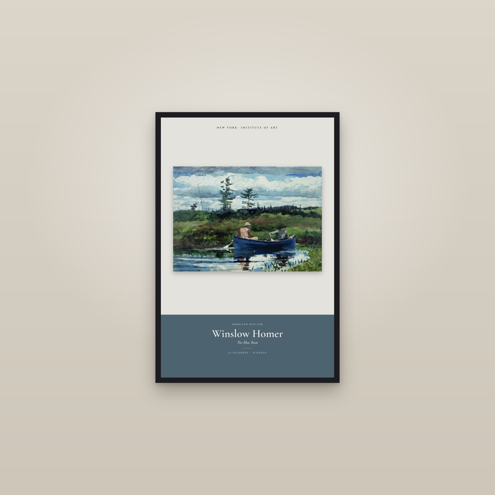 The Blue Boat — Exhibition Poster — framed in a gallery setting