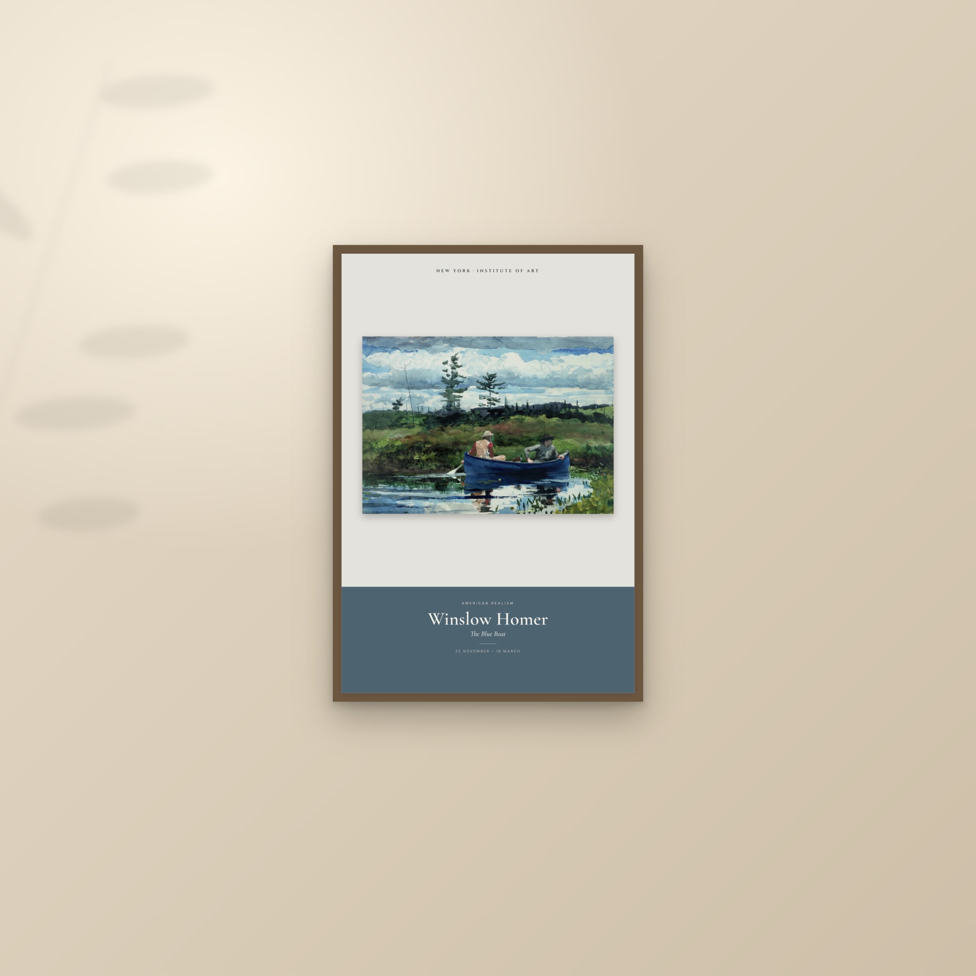 The Blue Boat — Exhibition Poster — framed and styled on a sunlit wall