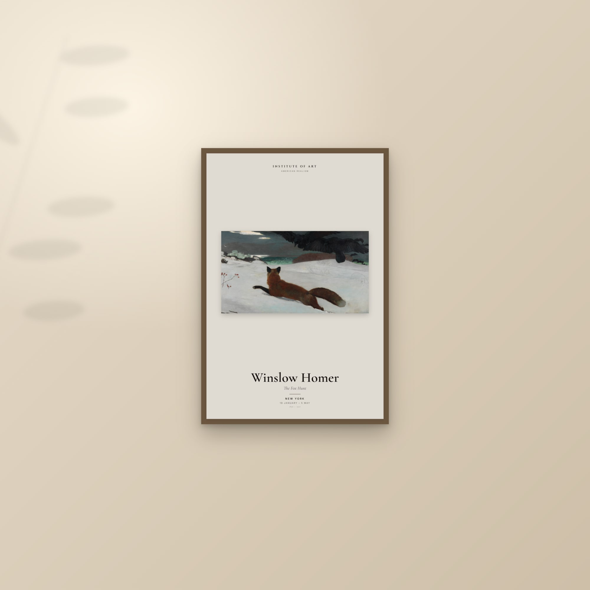 The Fox Hunt — Exhibition Poster — framed and styled on a sunlit wall