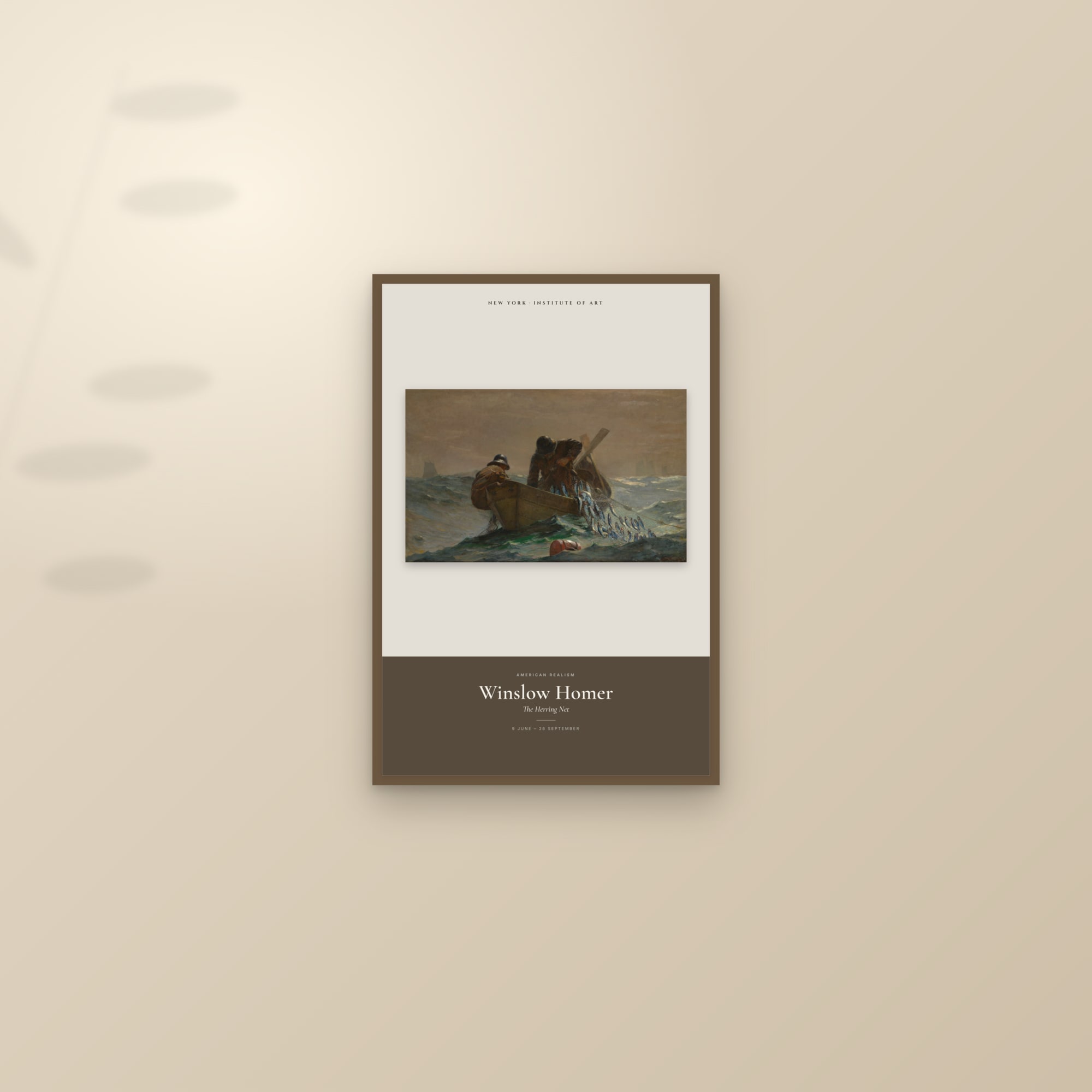 The Herring Net — Exhibition Poster — framed and styled on a sunlit wall