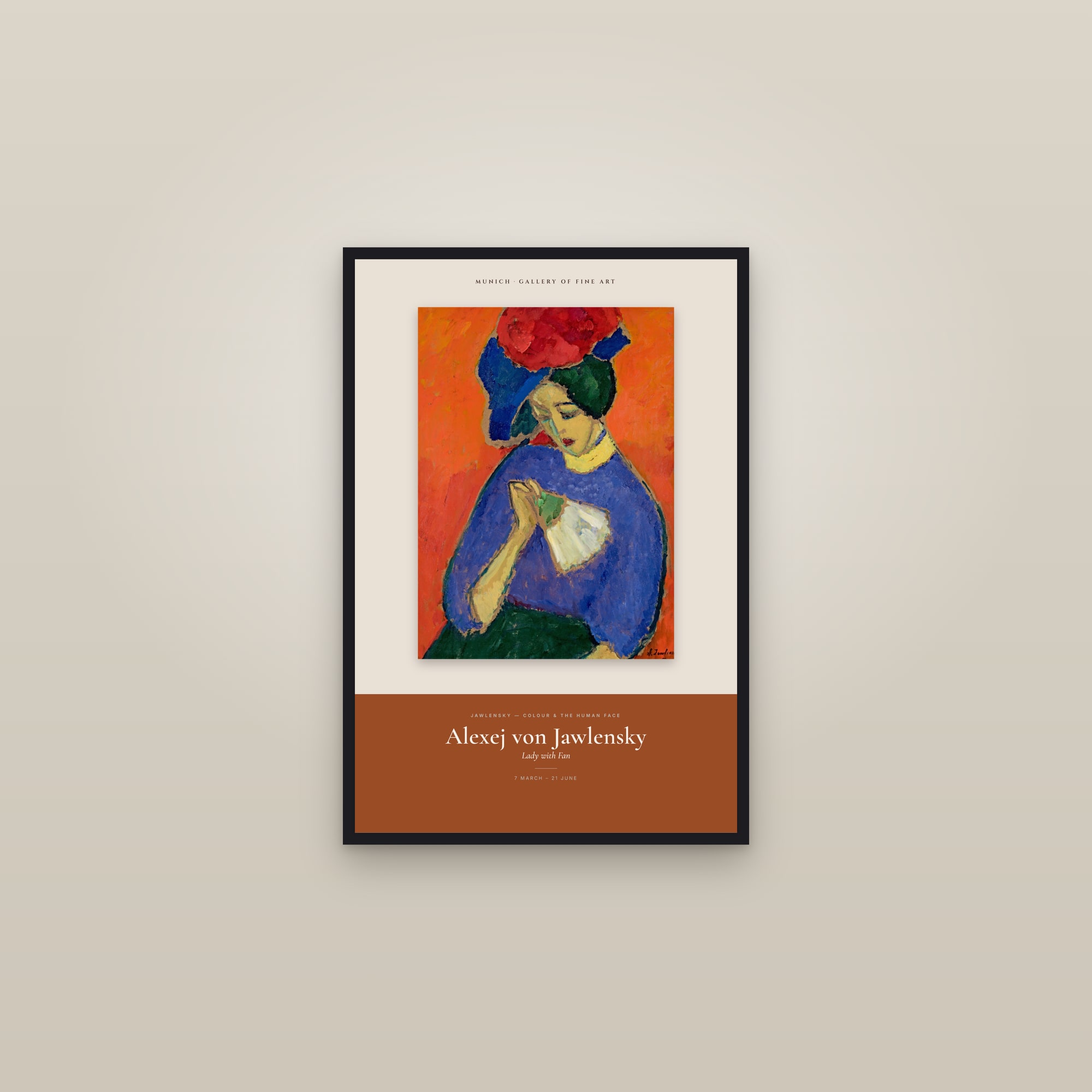 Lady with Fan — Exhibition Poster — framed in a gallery setting