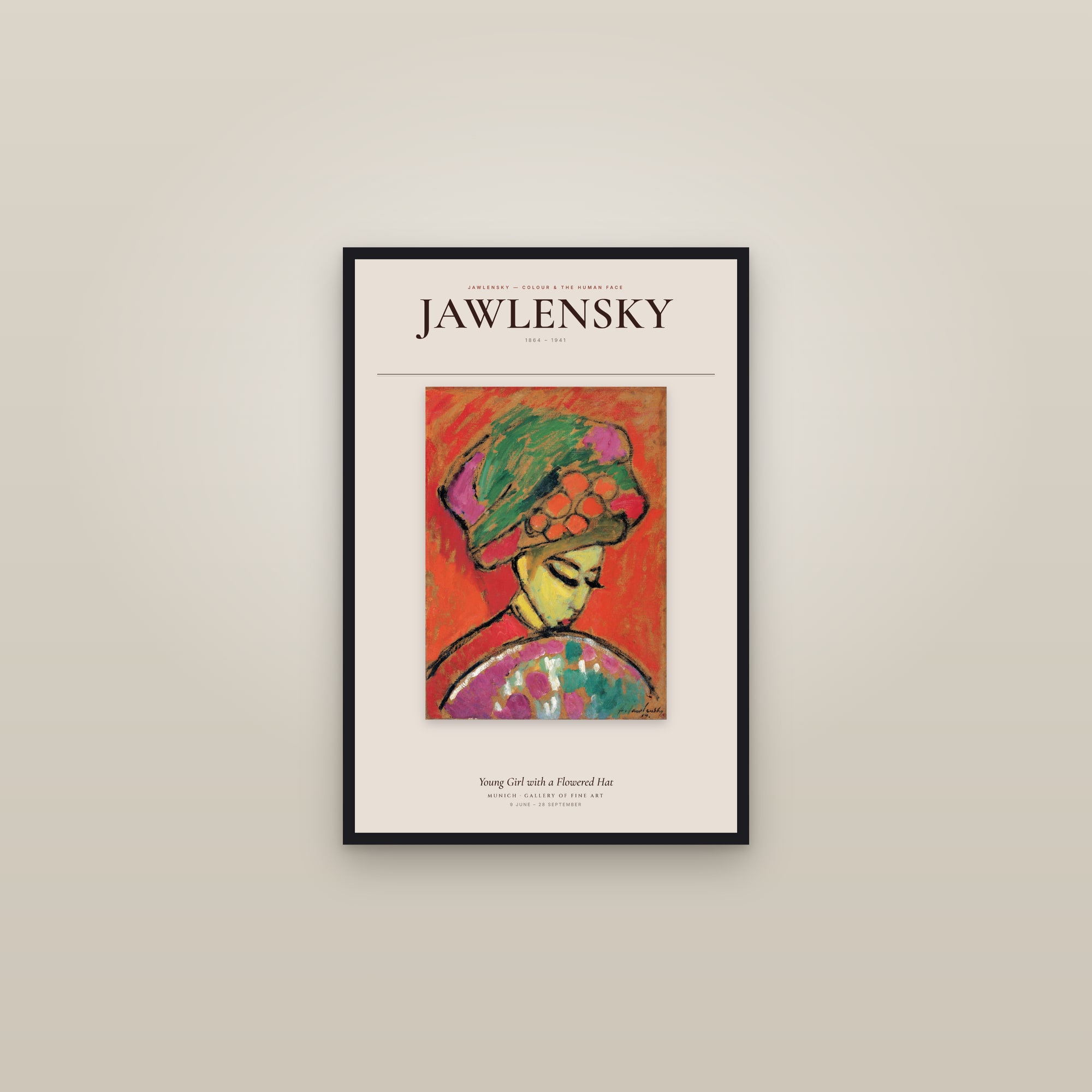 Young Girl with a Flowered Hat — Exhibition Poster — framed in a gallery setting