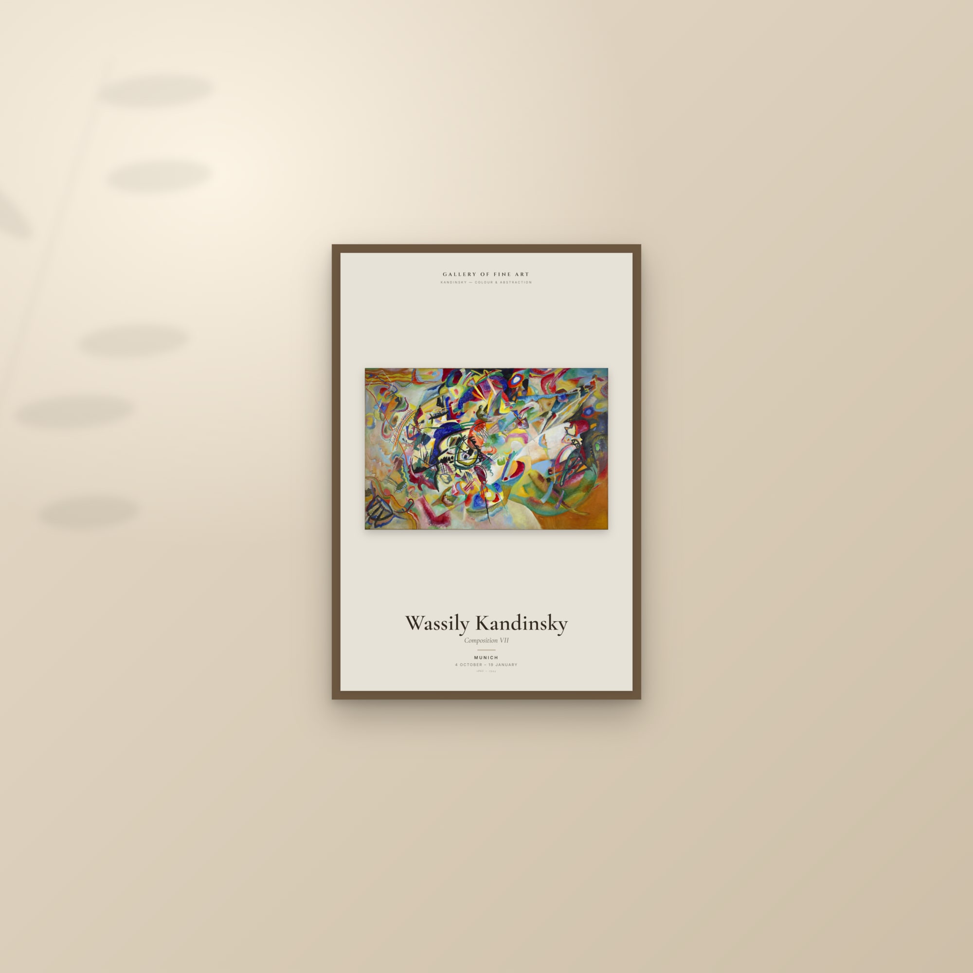 Composition VII — Exhibition Poster — framed and styled on a sunlit wall