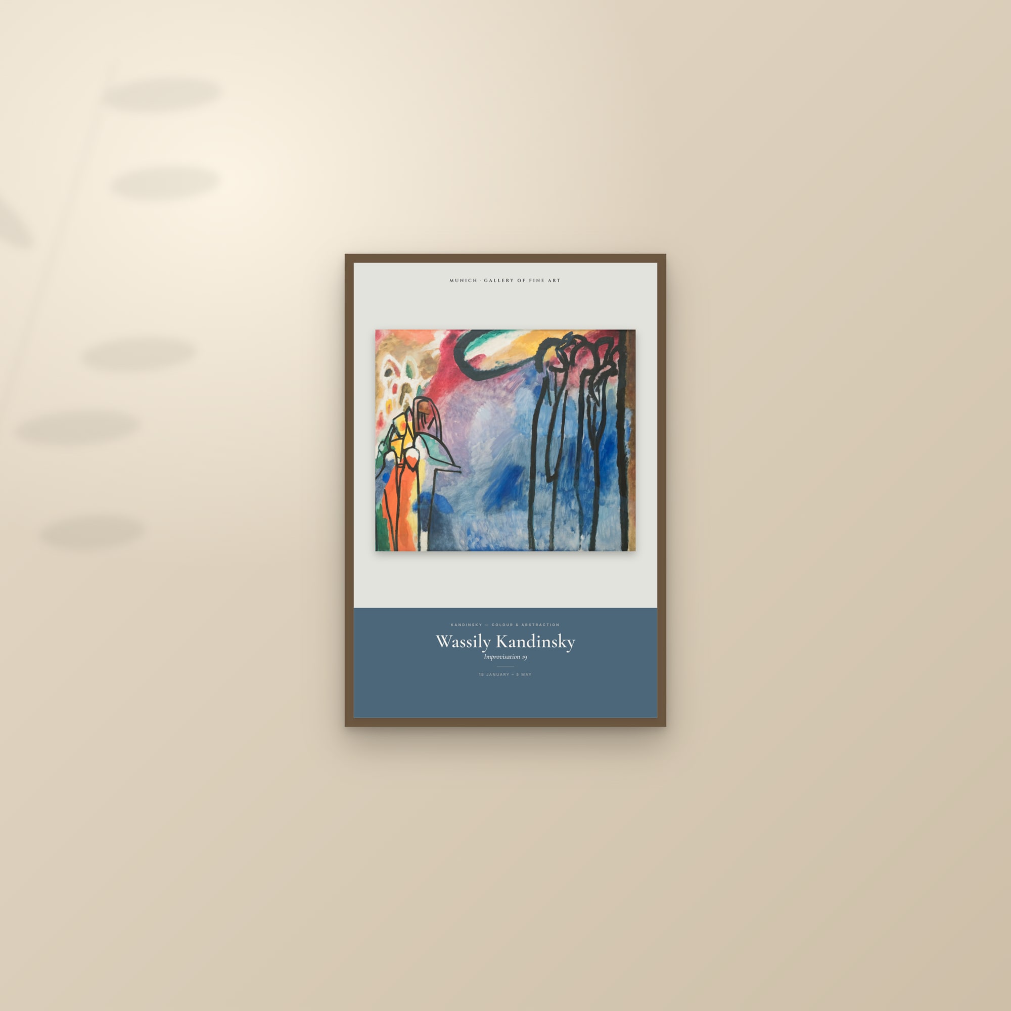 Improvisation 19 — Exhibition Poster — framed and styled on a sunlit wall