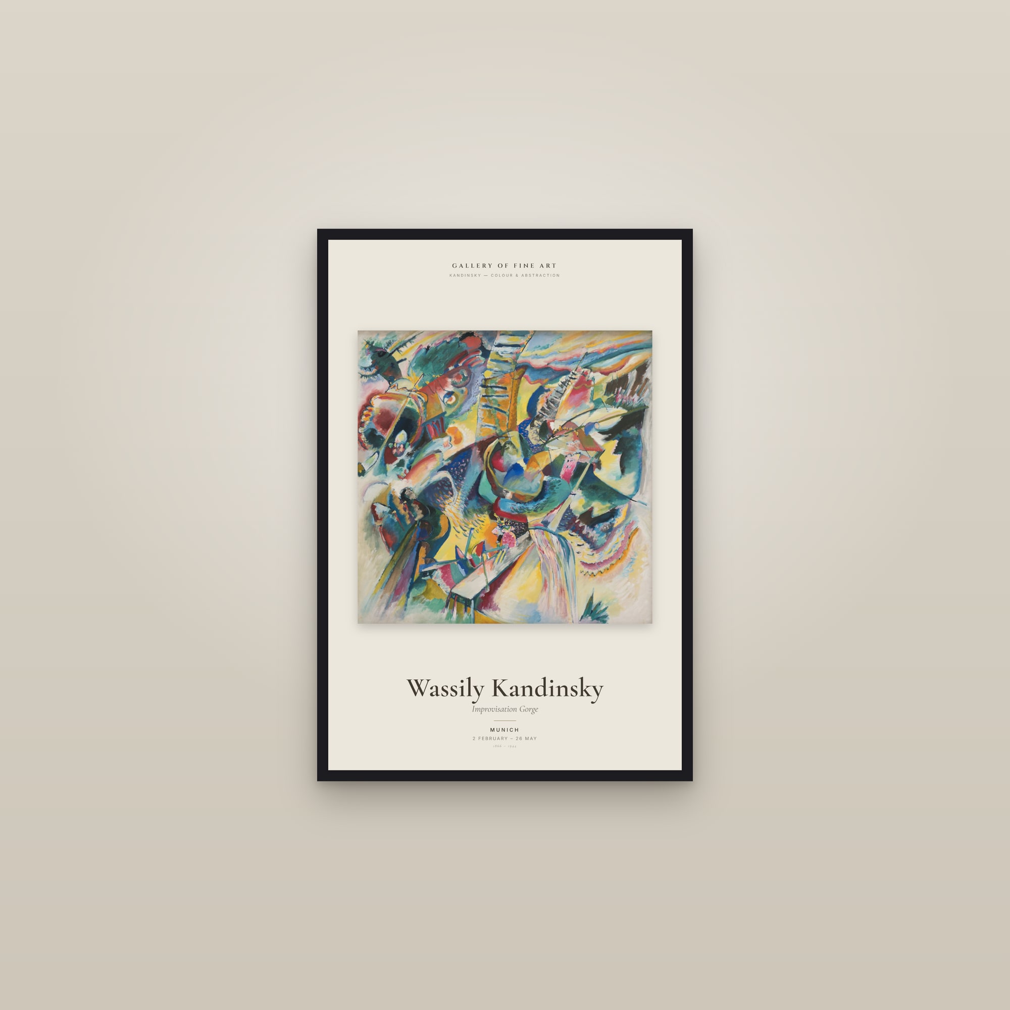 Improvisation Gorge — Exhibition Poster — framed in a gallery setting