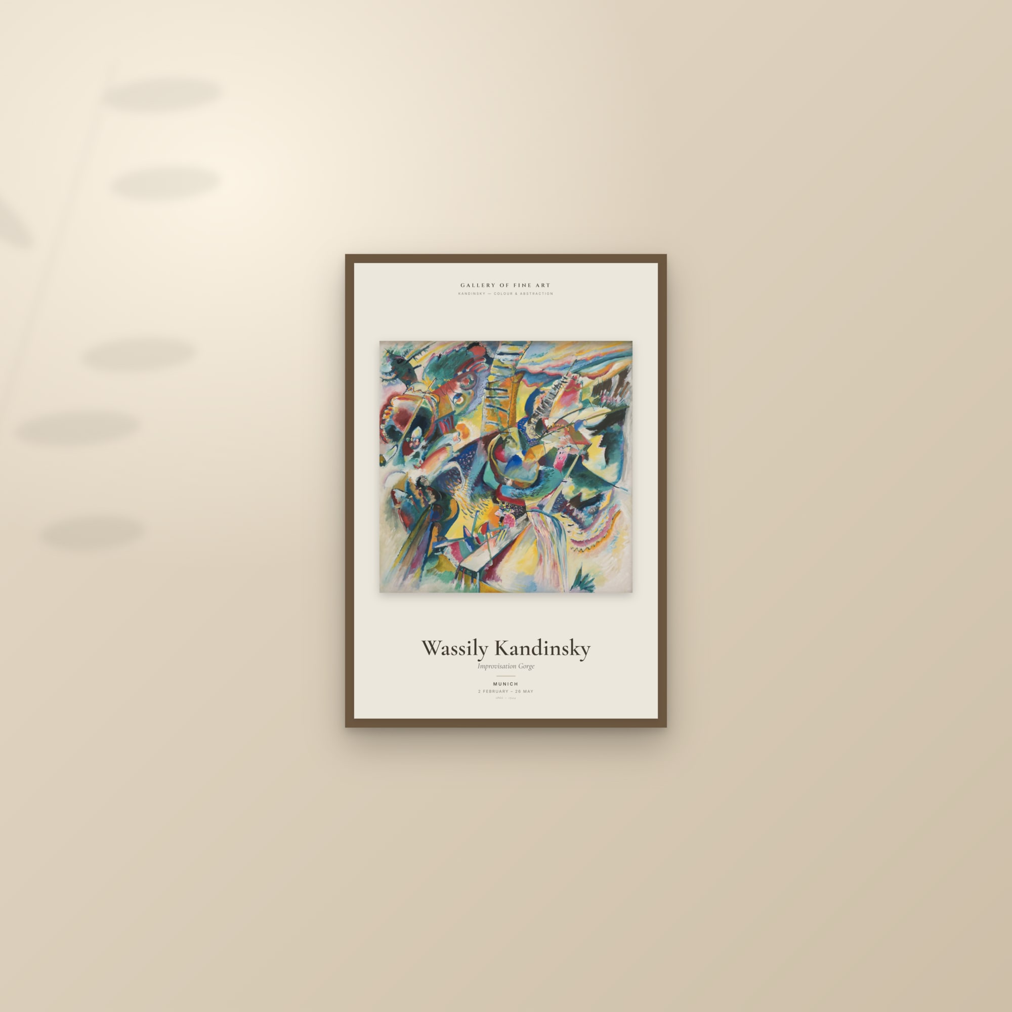 Improvisation Gorge — Exhibition Poster — framed and styled on a sunlit wall